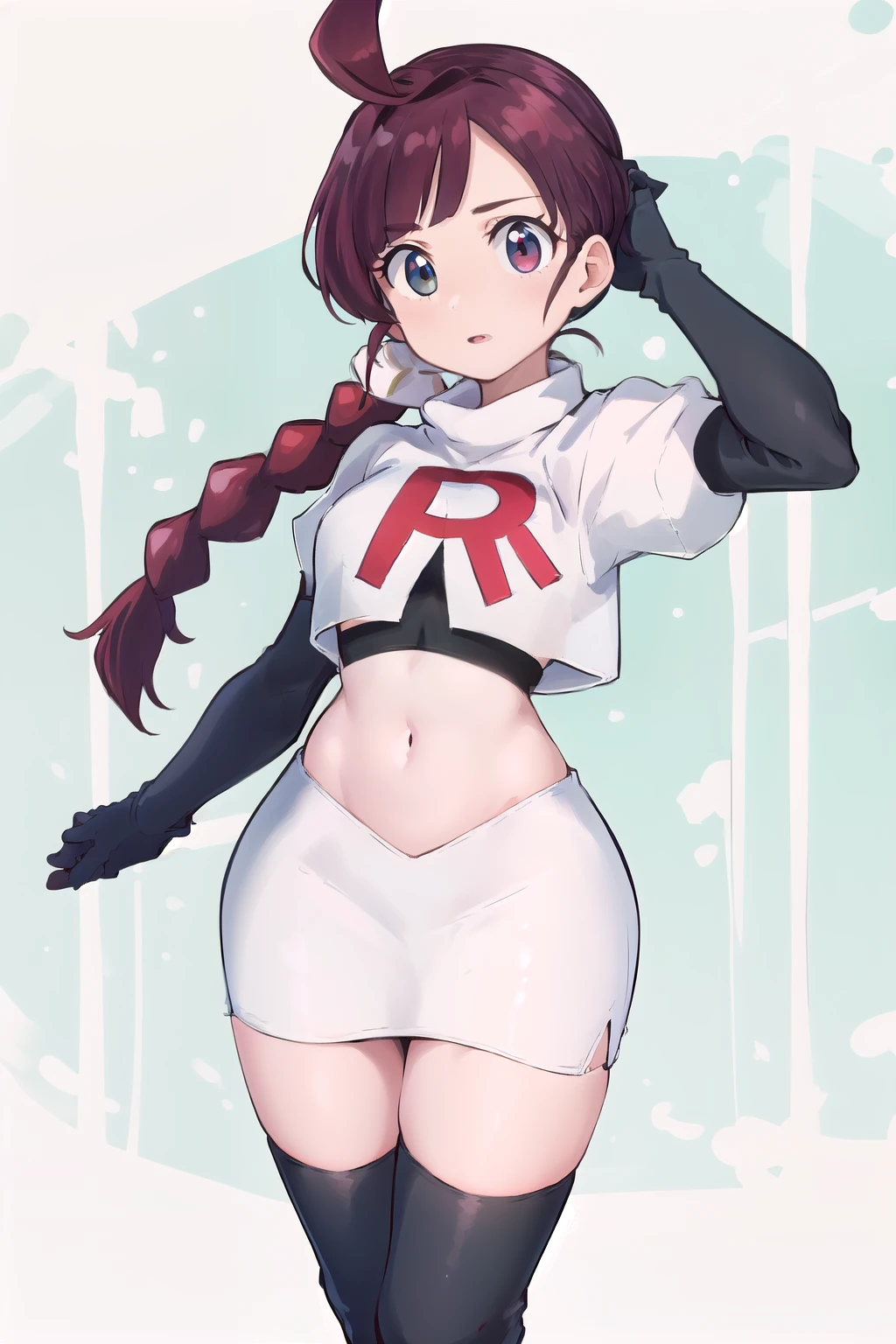 masterpiece, best quality, highres, chl1, 1girl, braided_ponytail, (ahoge:1.1), eyelashes, team rocket,team rocket uniform,white skirt,red letter R,crop top,black thigh-highs,black elbow gloves