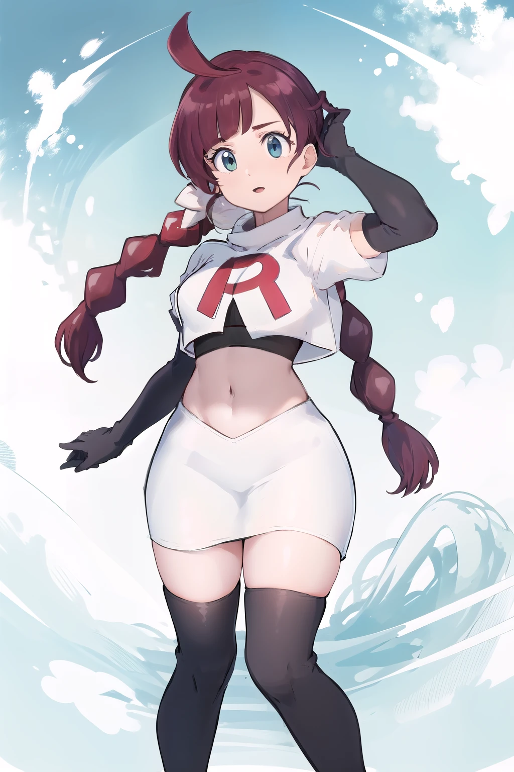 masterpiece, best quality, highres, chl1, 1girl, braided_ponytail, (ahoge:1.1), eyelashes, team rocket,team rocket uniform,white skirt,red letter R,crop top,black thigh-highs,black elbow gloves