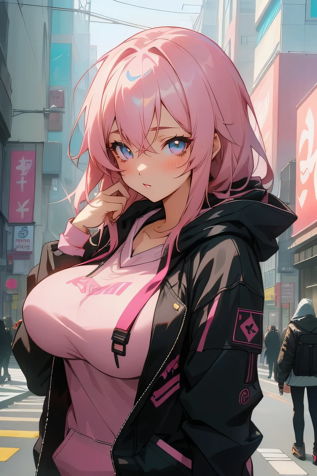 Anime Girls with big breast posing in the middle of a busy city street, seductive Anime Girls, everyone, attractive Anime Girls, BoobsCyberpunk, artstation pixivでトレンド, cyberpunk Anime Girls in hoodie, ArtStation PixivのGuweiz, pixiv artstationのguweiz, detailed Digital anime art, Digital anime art, Anime Girls