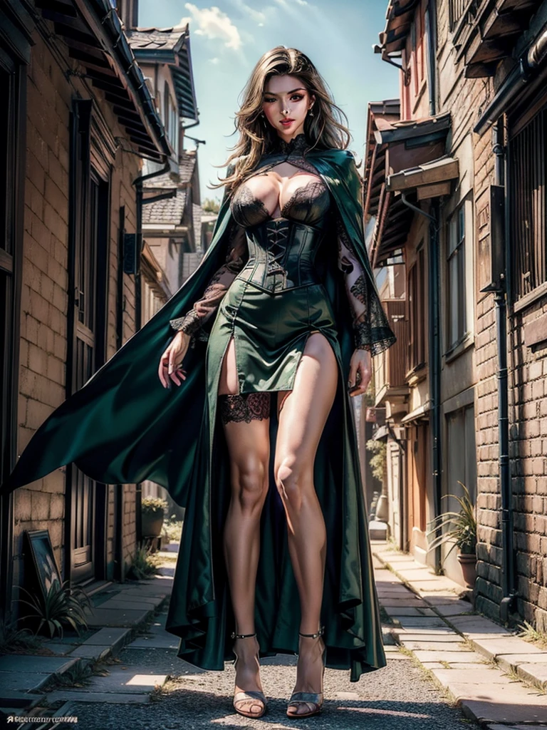 ((Show full body from head to toe, standing, body facing to the viewer (show front body)). Masterpiece:1.5, illustration:1.1, best quality:1.5, fine detail, perfect detail, 4k, HDR, balance focused camera view, centered camera view, middle camera view, vertical scape camera, natural lighting, very bright lighting, sunlight, sharp focus, smooth detail, high resolution. Pale toned skin, Tall body, fit body, slender body, leg length, Big breast:1.1. A female wizard wearing green clothes, long sleeves(lace sleeves), skirts, bra, corset, cloak, robes, cape, gloves, stockings, show heels. Long straight brunette hair, beautiful eyes, perfect eyes. Wearing (makeup), blush, lipstick, glossy lips, eyeshadow, eyelashes. Outdoor, bright sky. Standing, Smirking, looking at the camera.