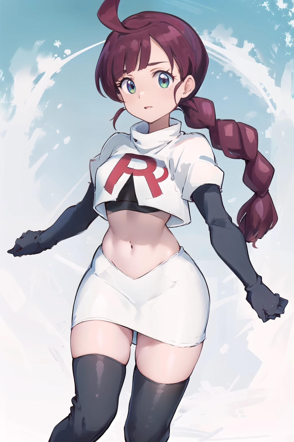 masterpiece, best quality, highres, chl1, 1girl, braided_ponytail, (ahoge:1.1), eyelashes, team rocket,team rocket uniform,white skirt,red letter R,crop top,black thigh-highs,black elbow gloves