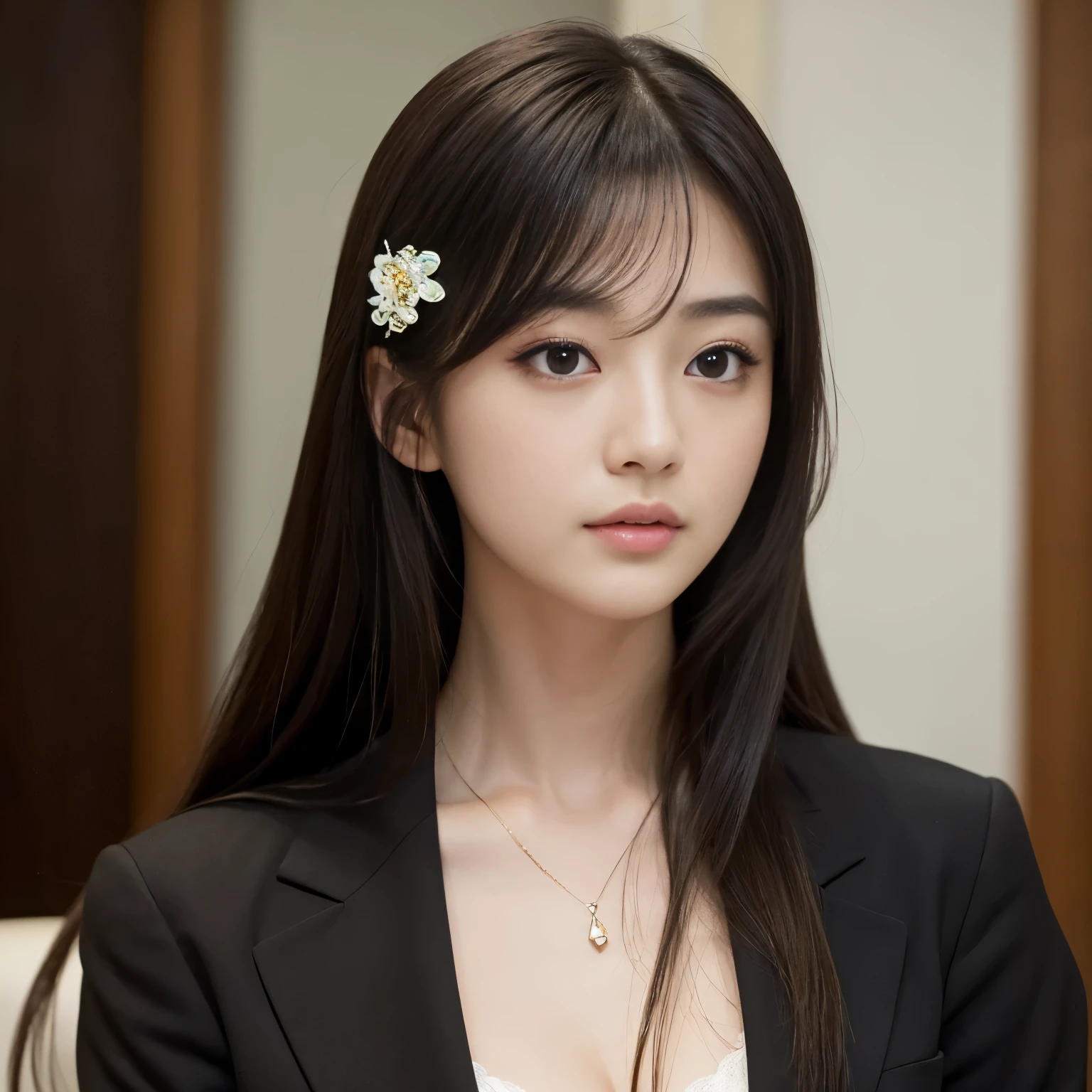 Best-quality, Masterpiece, Ultra-High-Resolution, (Photorealistic:1.4), Raw-Photo, 1girl, 18-years-old, the most famous Japanese actress, at meeting-room, wearing extremely luxurious business-suit, ((extremely beautiful face like the most popular Japanese actress, ((extremely beautiful big-black-eyes)), extremely beautiful hair, extremely beautiful lips, extremely beautiful skins)), detailed meeting-room, detailed extremely-luxurious-business-suit