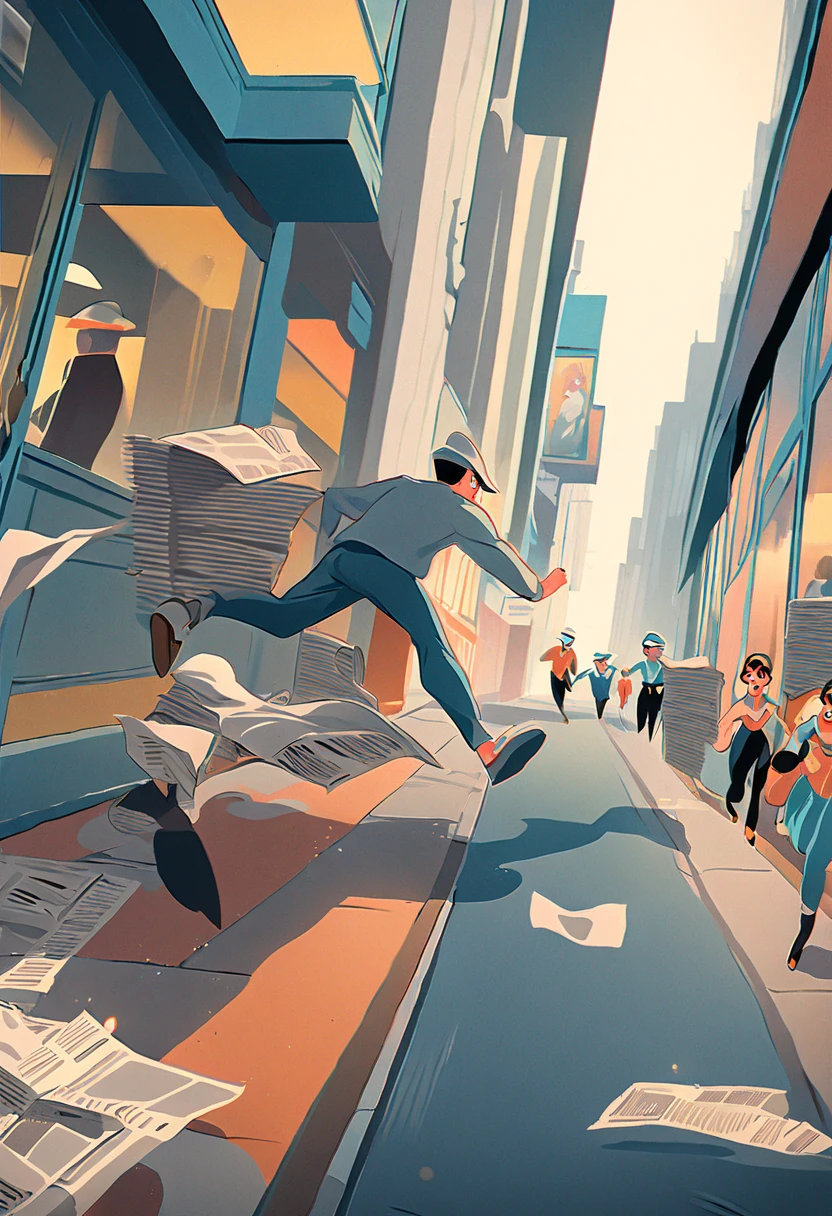 (best quality, 4k, high resolution, masterpiece: 1.2), ultra-detailed, ((newsboy running after flying newspapers, trying to catch them:1.7)), vibrant colors, film noir, energetic movement, expressive faces, newspapers flying everywhere, leftover newspapers on the ground, chaotic and dynamic scene, ((50s retro fashion:1.6)), an old newsstand on the side, people on the street watching, lively city atmosphere, fast-paced action, beautifully lit streetlights