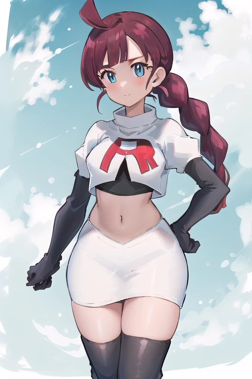 masterpiece, best quality, highres, chl1, 1girl, braided_ponytail, (ahoge:1.1), eyelashes, team rocket,team rocket uniform,white skirt,red letter R,crop top,black thigh-highs,black elbow gloves