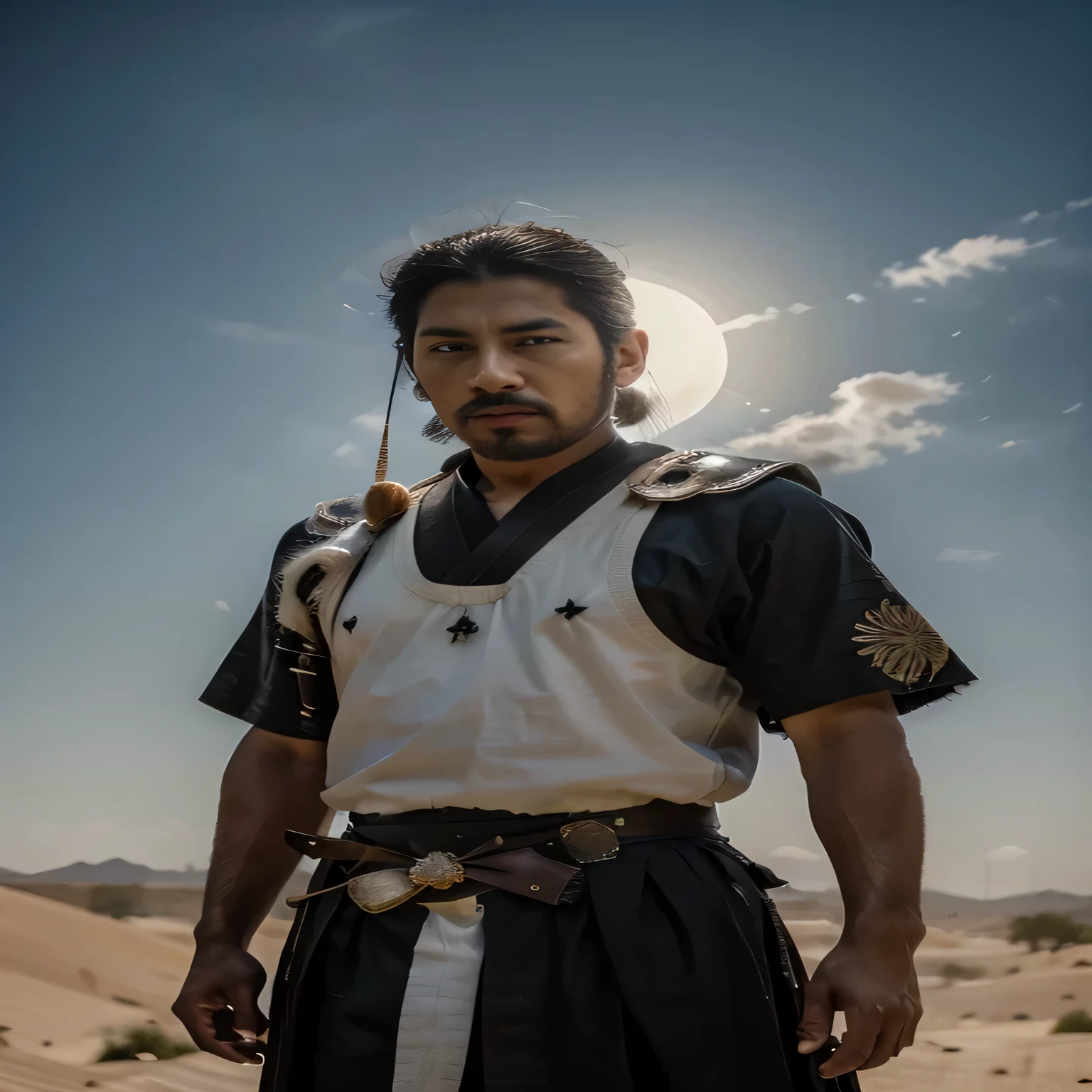 hombre arafed con un traje blanco y negro parado en el desierto, Samurai portrait photo, arab samurai, As a samurai, supervision skill, samurai kurdo, Japanese Samurai, Retrato de un samurai warrior, egyptian samurai, imagen de un guerrero masculino adulto, Retrato de un samurai, japanese warrior, japanese live action movie, as a medieval fantasy character, retrato