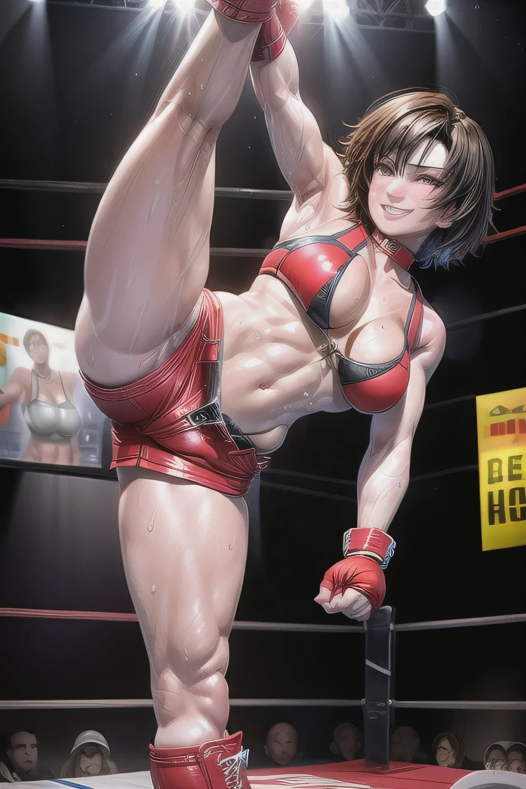 1girl,18yo,perfect hands, perfect finger,perfect anatomy,masterpiece, best quality,realistic, hyperrealistic, 16k hdr,,HINOMOTO_REIKO,large BREASTS,SHORT HAIR,(BLACK HAIR:1.1),NAVEL, CLEAVAGE, BROWN EYES,BOOTS,CHOKER,MIDRIFF, FINGERLESS GLOVES,(RED SHORT SHORTS,red bra),(sweat:1.1),(boxing ring,spot light), (Standing on one leg:1.2), (standing split:1.3), Hand lifting one leg ,erected nipples,dynamic pose,dynamic angle,(smile:1.2),(from below:1.2)