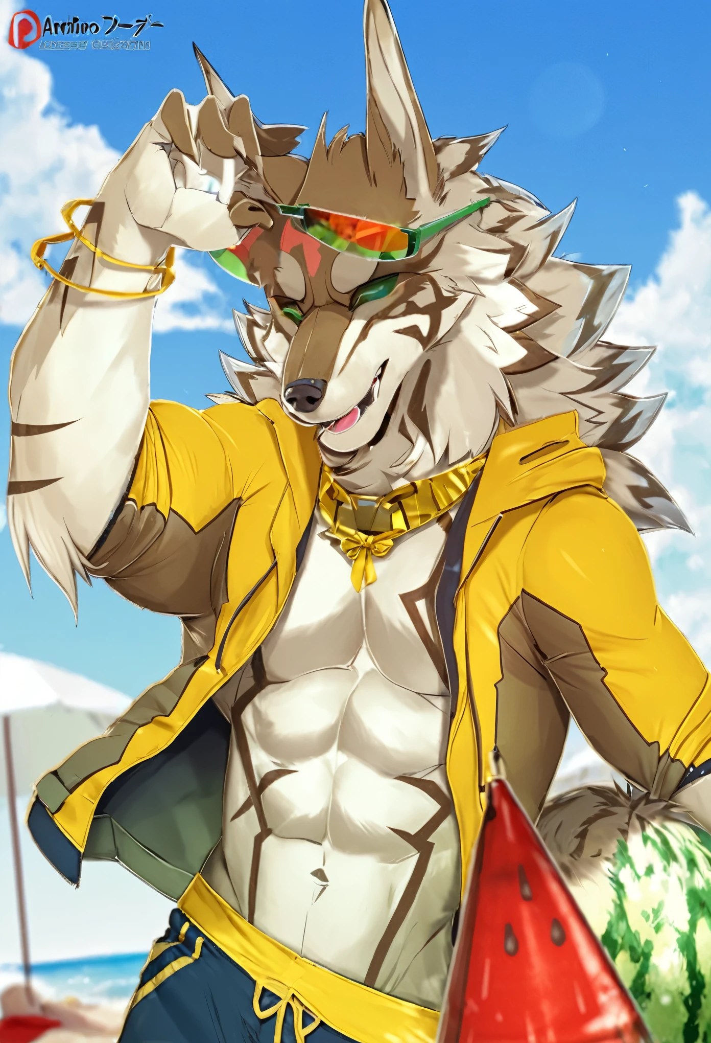 Anime character wearing yellow jacket and sunglasses on the beach, Anthro wolf, Fursona is elegantly dressed, Fursona art, Furry anime, Furry wolf, Anthropomorphic wolf, Furry art!!!, Full commission for, High precision commission, SFW version, Anthropomorphic wolf male, very very beautiful Furry art, fursona Furry art commission have a dick 