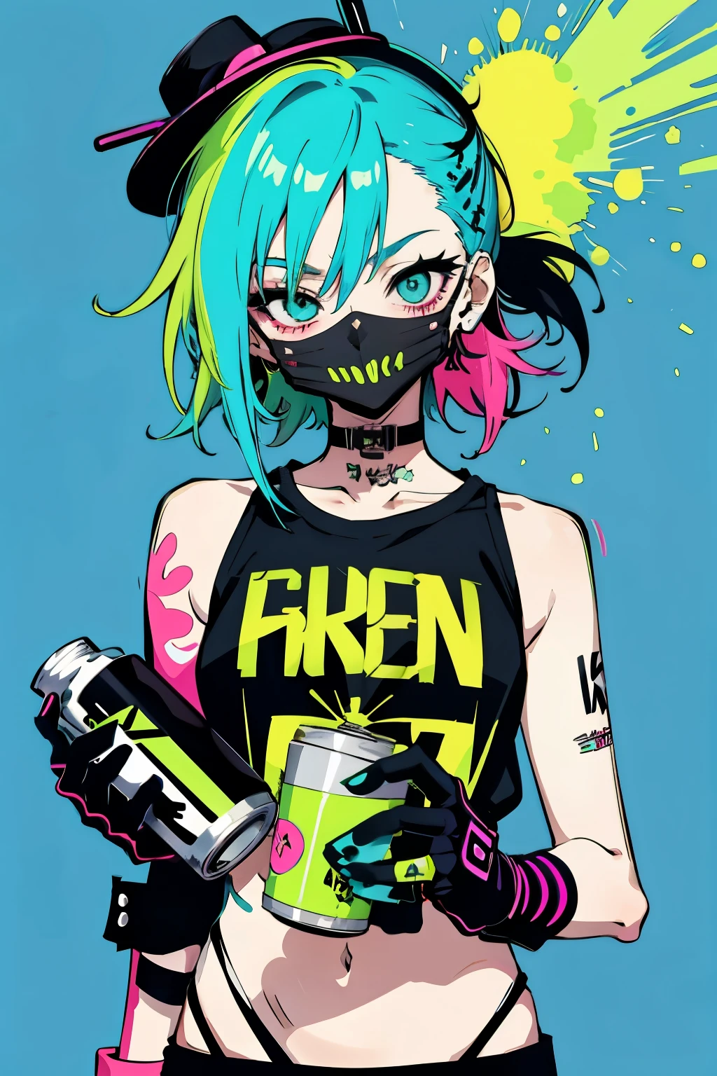 Slim anime girl with hat and mask, Thin face, Holding a spray can, green messy hair, Neon pink and blue street background, Stickers, Grinning face, harley atmosphere, Bad boy