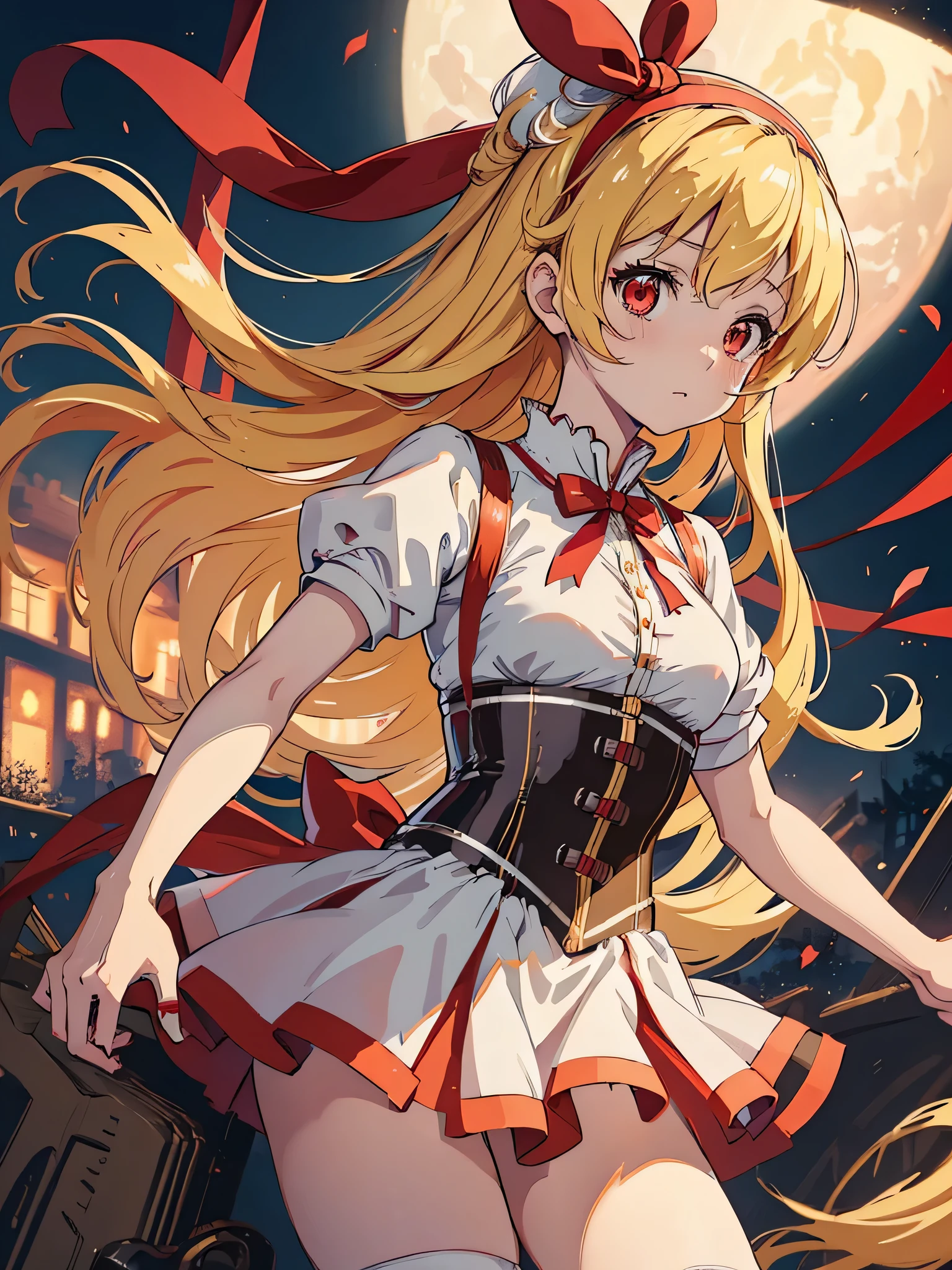 (red ribbon on hairband:1.2),（8K, best quality, muste piece:1.2)、ultra high resolution,1 very cute girl,hosimiya ichigo,ultra-detailed face, detailed eyes,RED eyes,mahou shoujo madoka magica,tomoe mami, blonde hair,magical girl,corset,beret,magical musket,