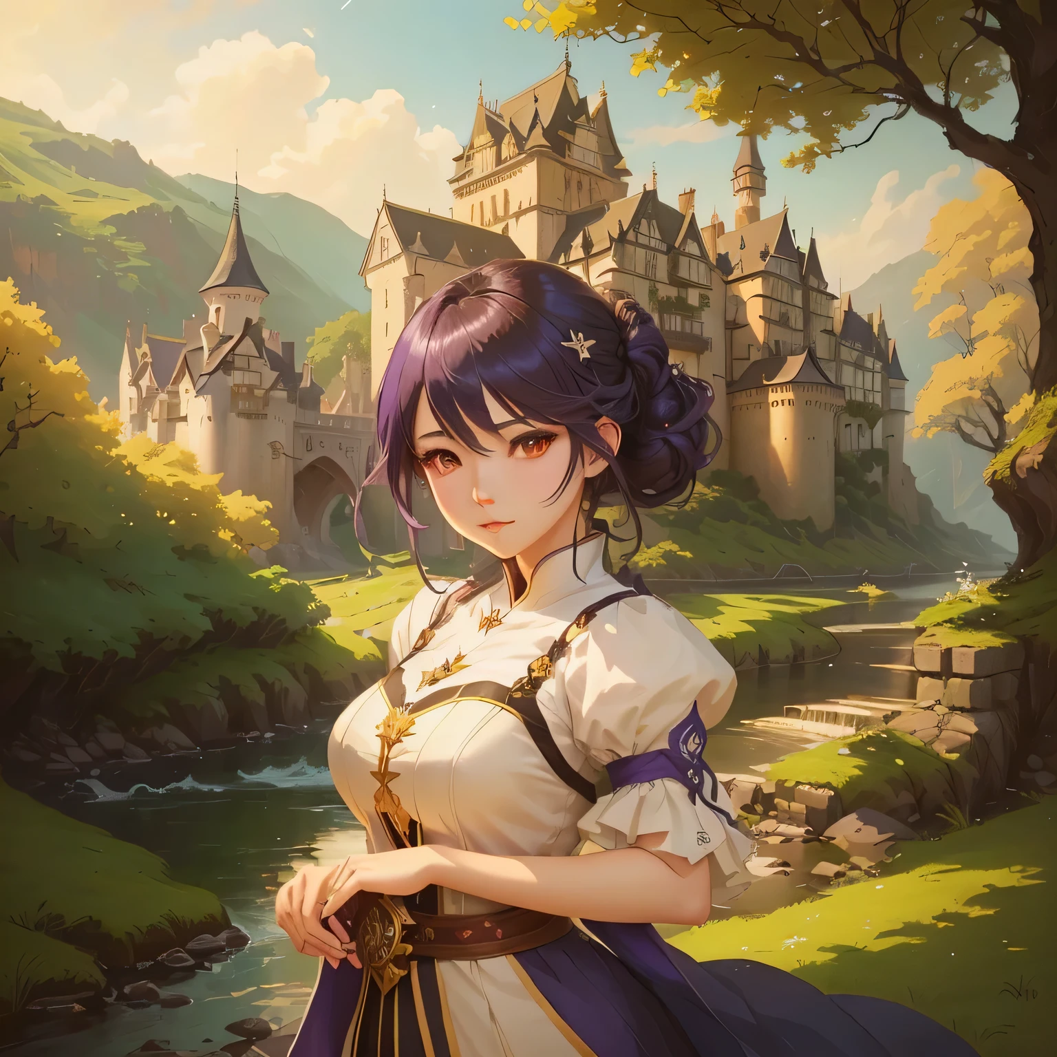 anime girl in front of a castle with a river and trees, artwork in the style of guweiz, guweiz, fantasy art style, standing near a castle, ( castle in the background ), digital anime illustration, epic rpg portrait, anime fantasy illustration, rpg_portrait, detailed digital anime art, beautiful character painting, anime in fantasy style, rpg book portrait, with purple Ceylon eyes