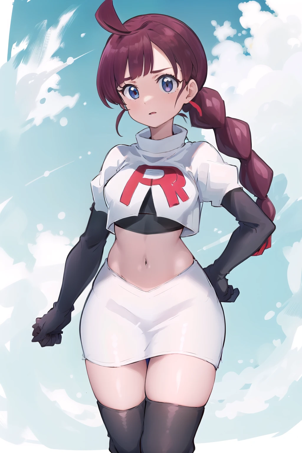 masterpiece, best quality, highres, chl1, 1girl, braided_ponytail, (ahoge:1.1), eyelashes, team rocket,team rocket uniform,white skirt,red letter R,crop top,black thigh-highs,black elbow gloves