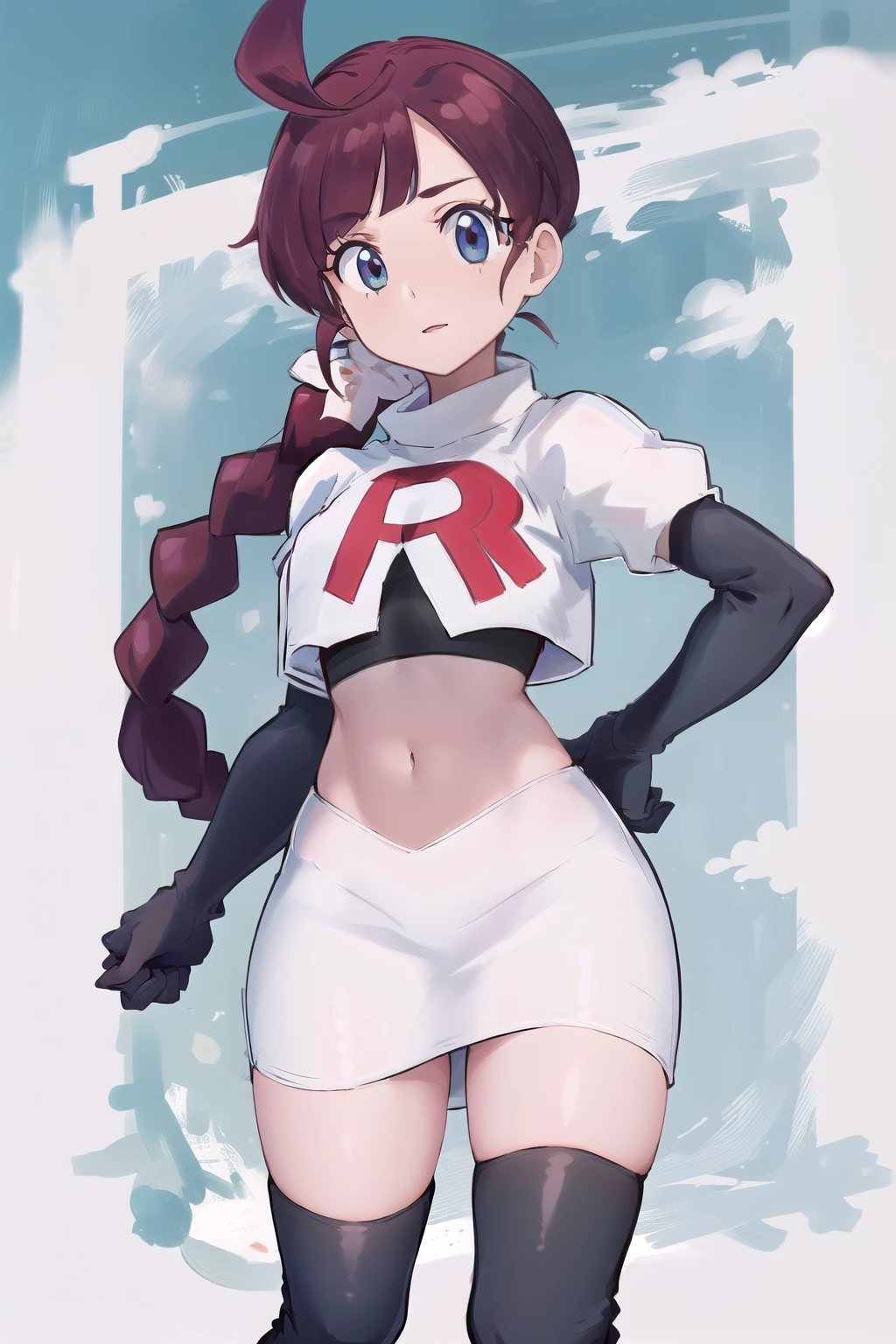 masterpiece, best quality, highres, chl1, 1girl, braided_ponytail, (ahoge:1.1), eyelashes, team rocket,team rocket uniform,white skirt,red letter R,crop top,black thigh-highs,black elbow gloves