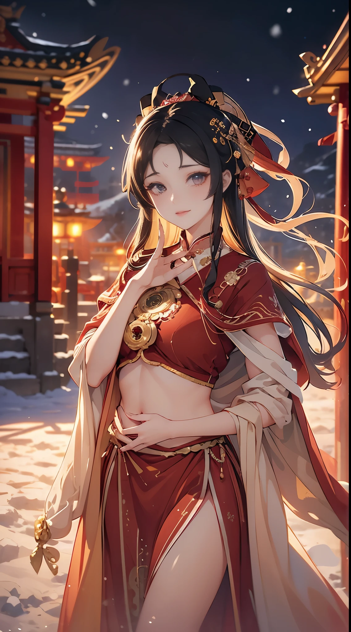 (masterpiece), (absurd), (Focus on thighs), Glowing skin, girl, Solitary, Pupils sparkling, Long eyelashes, Shut up, Long hair, Striped hair, curls, (Chinese bellyband:1.27),(Red plush cloak:1.2)，View Viewer, (Covered with snow，night，bright ancient temple:1.3), Movie Lighting，(Ultra-realistic textile textures)，,Award-winning photos, Extremely detailed, Astonishing, Fine details, (Extremely detailed eyes:1.125) and face,  Kodak Porter 400 Camera F1.6， The lens is colorful ，Ultra-realistic textures ，Unreal Engine ，ArtStation Cinestill 800 Tungsten Light Trend, Beautiful woman, ulzzang-6500, (A charming smile),