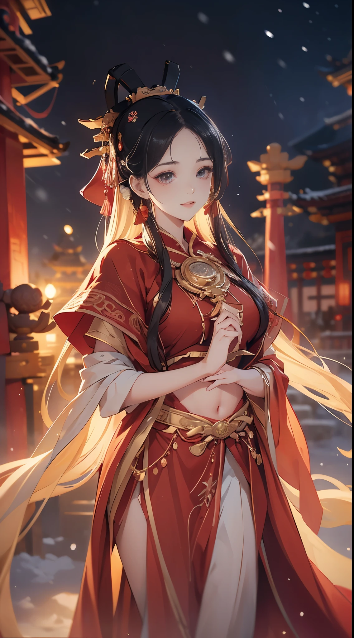 (masterpiece), (absurd), (Focus on thighs), Glowing skin, girl, Solitary, Pupils sparkling, Long eyelashes, Shut up, Long hair, Striped hair, curls, (Chinese bellyband:1.27),(Red plush cloak:1.2)，View Viewer, (Covered with snow，night，bright ancient temple:1.3), Movie Lighting，(Ultra-realistic textile textures)，,Award-winning photos, Extremely detailed, Astonishing, Fine details, (Extremely detailed eyes:1.125) and face,  Kodak Porter 400 Camera F1.6， The lens is colorful ，Ultra-realistic textures ，Unreal Engine ，ArtStation Cinestill 800 Tungsten Light Trend, Beautiful woman, ulzzang-6500, (A charming smile),