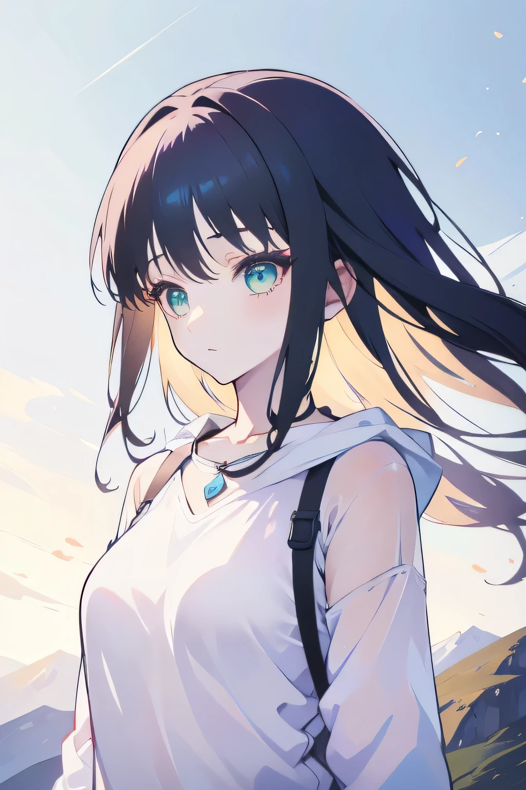 1girl,floating hair,soothing tones, muted colors,cute detailed face,hyperrealism,mountainous horizon,