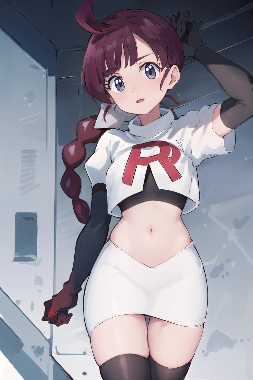 masterpiece, best quality, highres, chl1, 1girl, braided_ponytail, (ahoge:1.1), eyelashes, team rocket,team rocket uniform,white skirt,red letter R,crop top,black thigh-highs,black elbow gloves