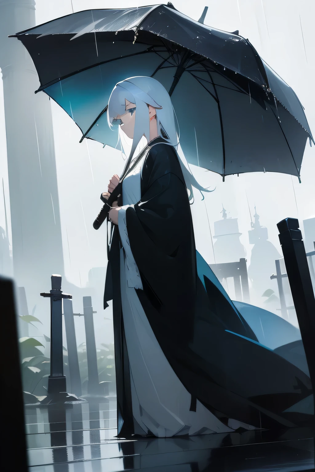 In a violent rainstorm，A beautiful white-haired girl dressed in antique clothes holds a dagger-shaped sword。Her eyes were firm，Gaze at the enemy on the opposite side，Antique clothes on his body and messy white hair on his head，Everything has long been wet with rain，It was as if it had become part of this bad weather，Like a girl in a storm，She is beautiful and mysterious，It seems to be even in stormy weather，It can also be above all living beings，The rain collided violently with the air around it，This makes the whole scene look more chilling and spectacular，Just like the kind of breath conveyed on her body，The image is full of duels and courage