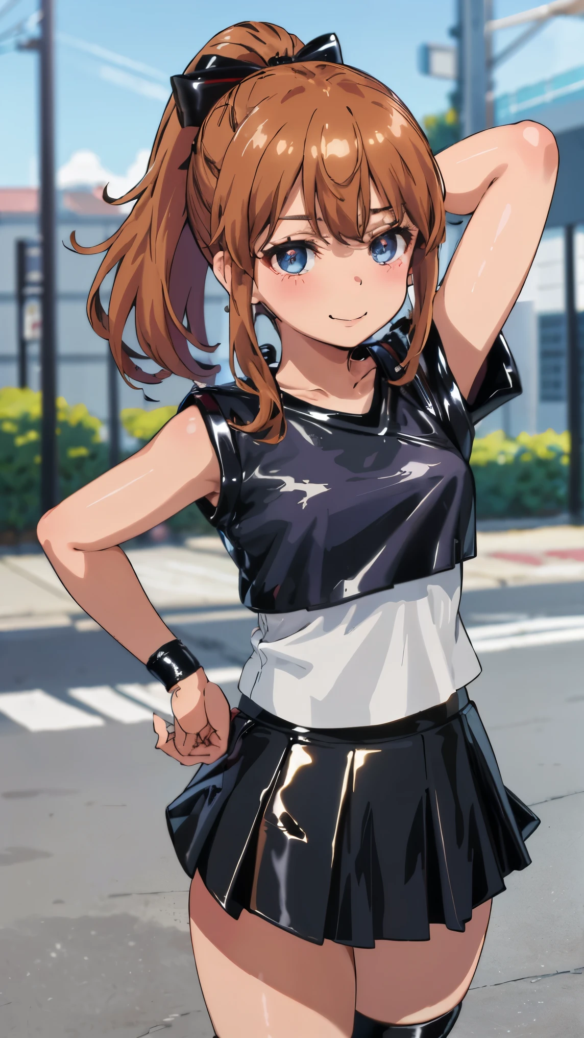 best quality, (masterpiece:1.2), highly detailed, standing, street,
1girl, solo, akatsuki minami,
looking at the viewer, closed mouth, smile, slight blush,
blue eyes, brown hair, ponytail, hair bow, sleeveless, (((dominant girl, latex skirt,  latex shirt )))