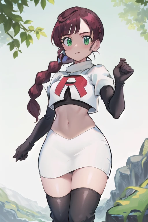 masterpiece, best quality, highres,green eyes,chl1, 1girl, braided_ponytail, (ahoge:1.1), eyelashes, team rocket,team rocket uniform,white skirt,red letter R,crop top,black thigh-highs,black elbow gloves