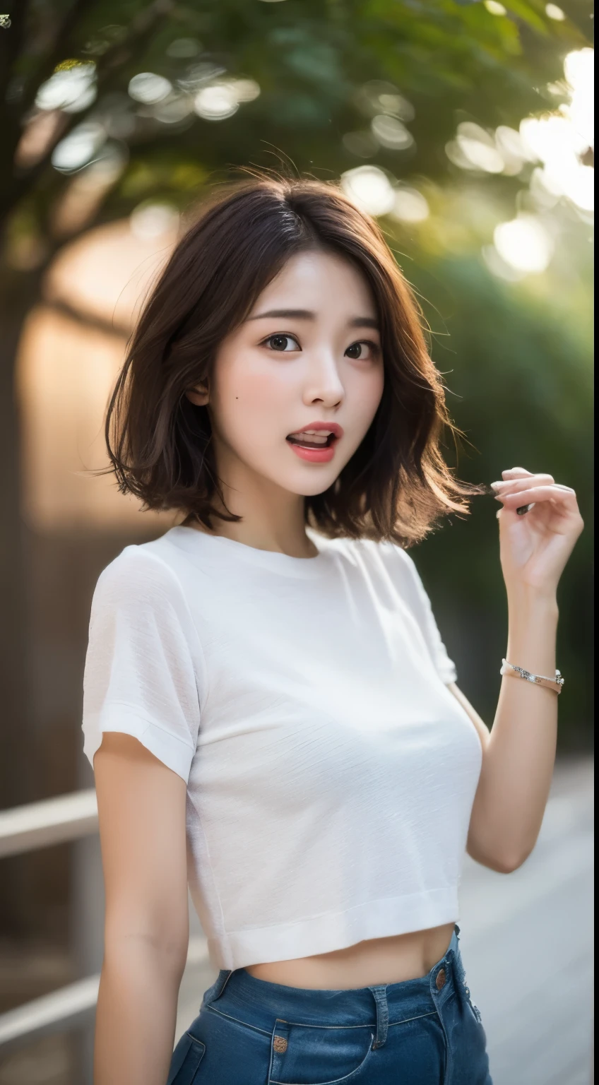 Short Hair Outdoor Fair Skin Disheveled Hair Open Mouth Japan Woman, Super Cute, Soft and Face, Brown Hair, 8K Resolution, Ultra Realistic, Super Definition, Soft Body Toned Ass Night, A Cup Small ((Highest Definition, 8k, Masterpiece: 1.3)), Super Definition Face, Super Definition Lips, Fine Eyes, Double Eyelids