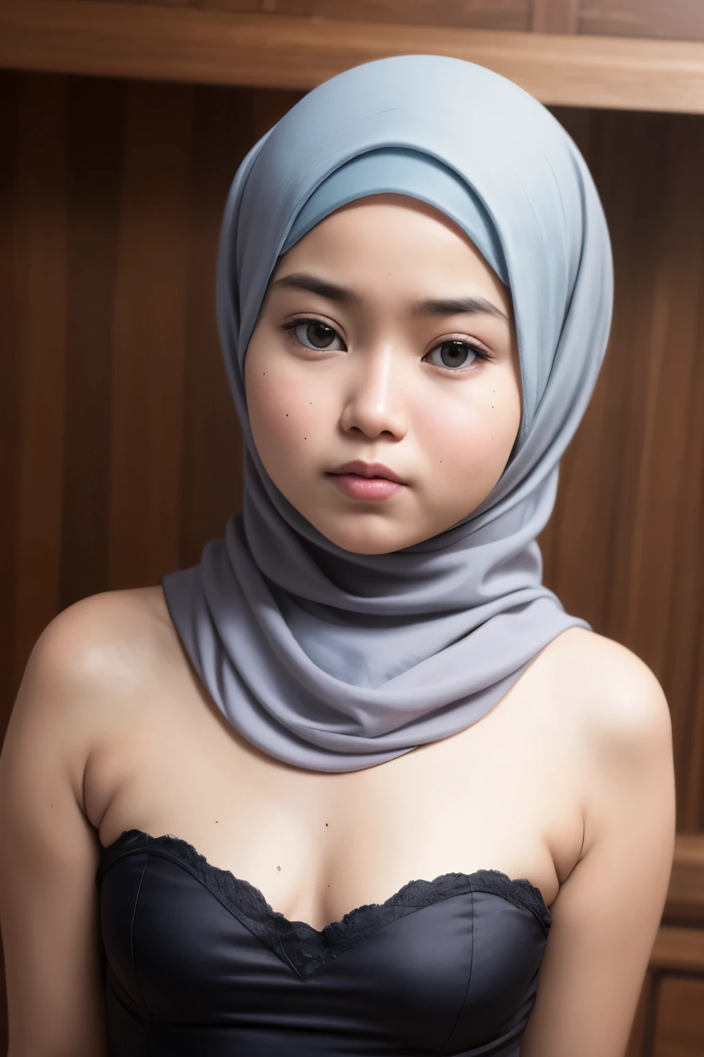 ((Chubby:1.6)), ((Flat Chest)), Naked, Angry pose, Angry face, (((HIJAB MALAY GIRL))), masutepiece, High quality, UHD 45K, Realistic face, Realistic skin feeling , A Malaysia Lady, 19 years old, , Very cute and baby-like face, (((FLAT CHEST))), (MATRIX WORLD), ((look In front  at the camera and SADNESS)), ((())), (((CUTE GIRL))), ((WHITE PASTEL LIPS)), ((WEARING STRAPLESS PASTEL)), ((CHUBBY)), ((UNDRESS)). Brown, Flat Chest,  