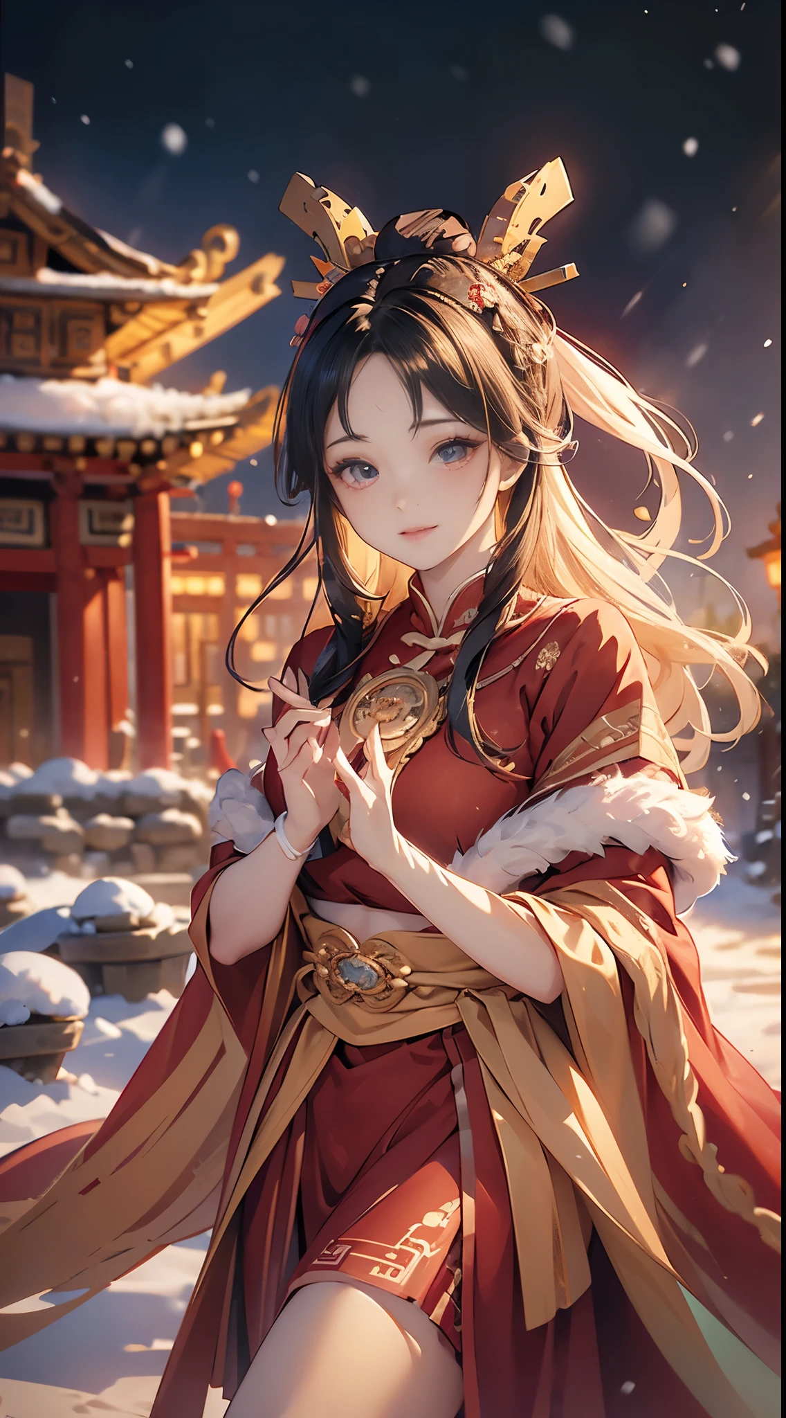 (masterpiece), (absurd), (Focus on thighs), Glowing skin, girl, Solitary, Pupils sparkling, Long eyelashes, Shut up, Long hair, Striped hair, curls, (Chinese bellyband:1.27),(Red plush cloak:1.2)，View Viewer, (Covered with snow，night，bright ancient temple:1.3), Movie Lighting，(Ultra-realistic textile textures)，,Award-winning photos, Extremely detailed, Astonishing, Fine details, (Extremely detailed eyes:1.125) and face,  Kodak Porter 400 Camera F1.6， The lens is colorful ，Ultra-realistic textures ，Unreal Engine ，ArtStation Cinestill 800 Tungsten Light Trend, Beautiful woman, ulzzang-6500, (A charming smile),
