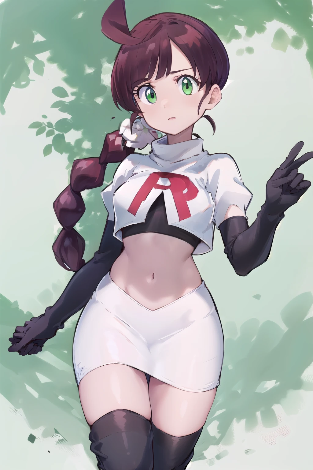 masterpiece, best quality, highres,green eyes,chl1, 1girl, braided_ponytail, (ahoge:1.1), eyelashes, team rocket,team rocket uniform,white skirt,red letter R,crop top,black thigh-highs,black elbow gloves