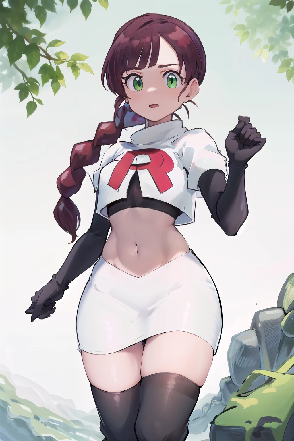 masterpiece, best quality, highres,green eyes,chl1, 1girl, braided_ponytail, (ahoge:1.1), eyelashes, team rocket,team rocket uniform,white skirt,red letter R,crop top,black thigh-highs,black elbow gloves