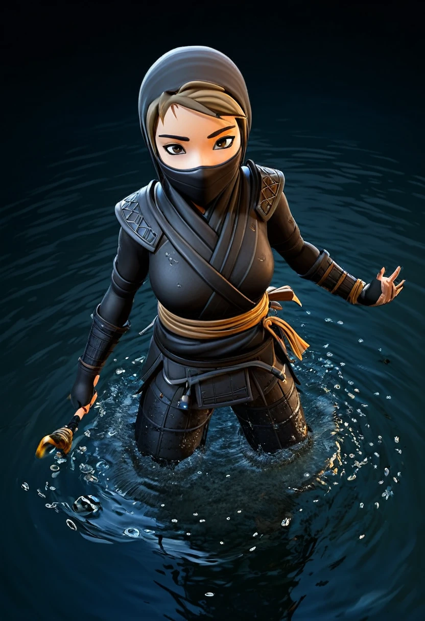 A lovely ninja, wide-eyed and a little singed, has just survived a violent explosion. She is floating on choppy water along with some debris, in the dark of the night, illuminated by a flickering fire. The scene captures the resilience and determination of the ninja as she emerges from the chaos and destruction. The artwork should showcase the intricate details of the ninja's expressive eyes, highlighting their beauty and intensity. The medium can be an illustration or a digitally rendered 3D artwork, emphasizing the depth and texture of the water and the floating debris. The image should be of the best quality, with ultra-detailed elements and a realistic, photorealistic rendering. The color palette should feature dark, intense tones, enhancing the atmosphere of the night and the flickering firelight. The lighting should be dramatic, with the fire casting dynamic shadows and illuminating the ninja's face and surroundings.
