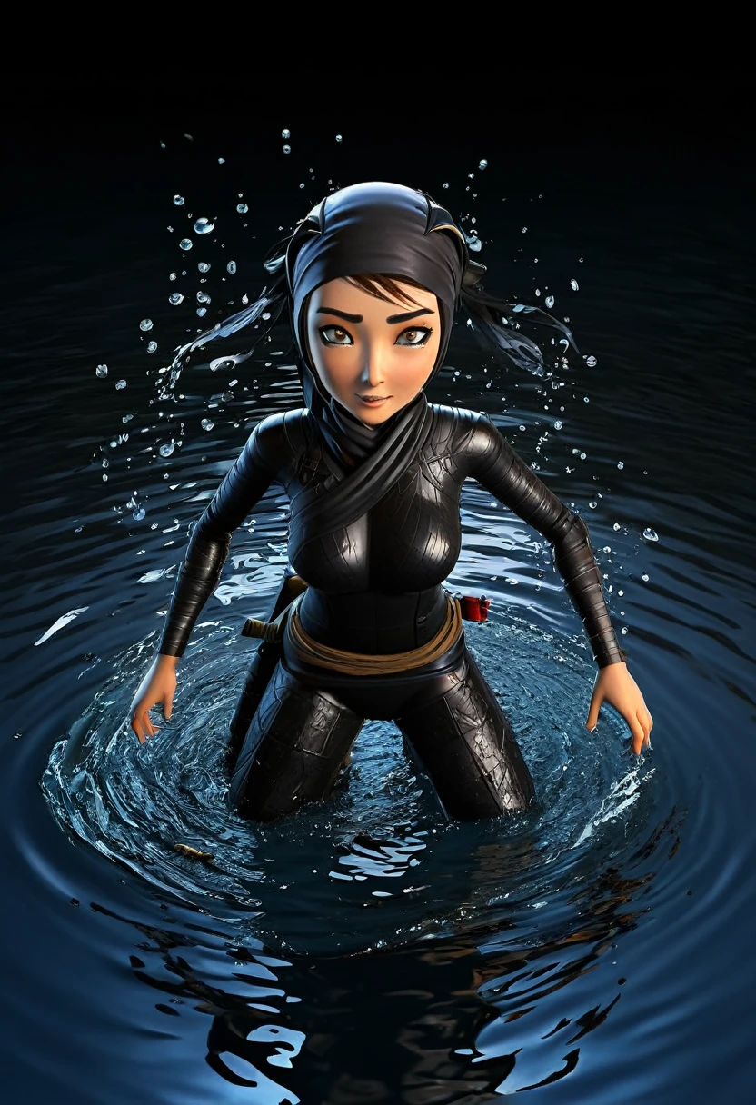 A lovely ninja, wide-eyed and a little singed, has just survived a violent explosion. She is floating on choppy water along with some debris, in the dark of the night, illuminated by a flickering fire. The scene captures the resilience and determination of the ninja as she emerges from the chaos and destruction. The artwork should showcase the intricate details of the ninja's expressive eyes, highlighting their beauty and intensity. The medium can be an illustration or a digitally rendered 3D artwork, emphasizing the depth and texture of the water and the floating debris. The image should be of the best quality, with ultra-detailed elements and a realistic, photorealistic rendering. The color palette should feature dark, intense tones, enhancing the atmosphere of the night and the flickering firelight. The lighting should be dramatic, with the fire casting dynamic shadows and illuminating the ninja's face and surroundings.