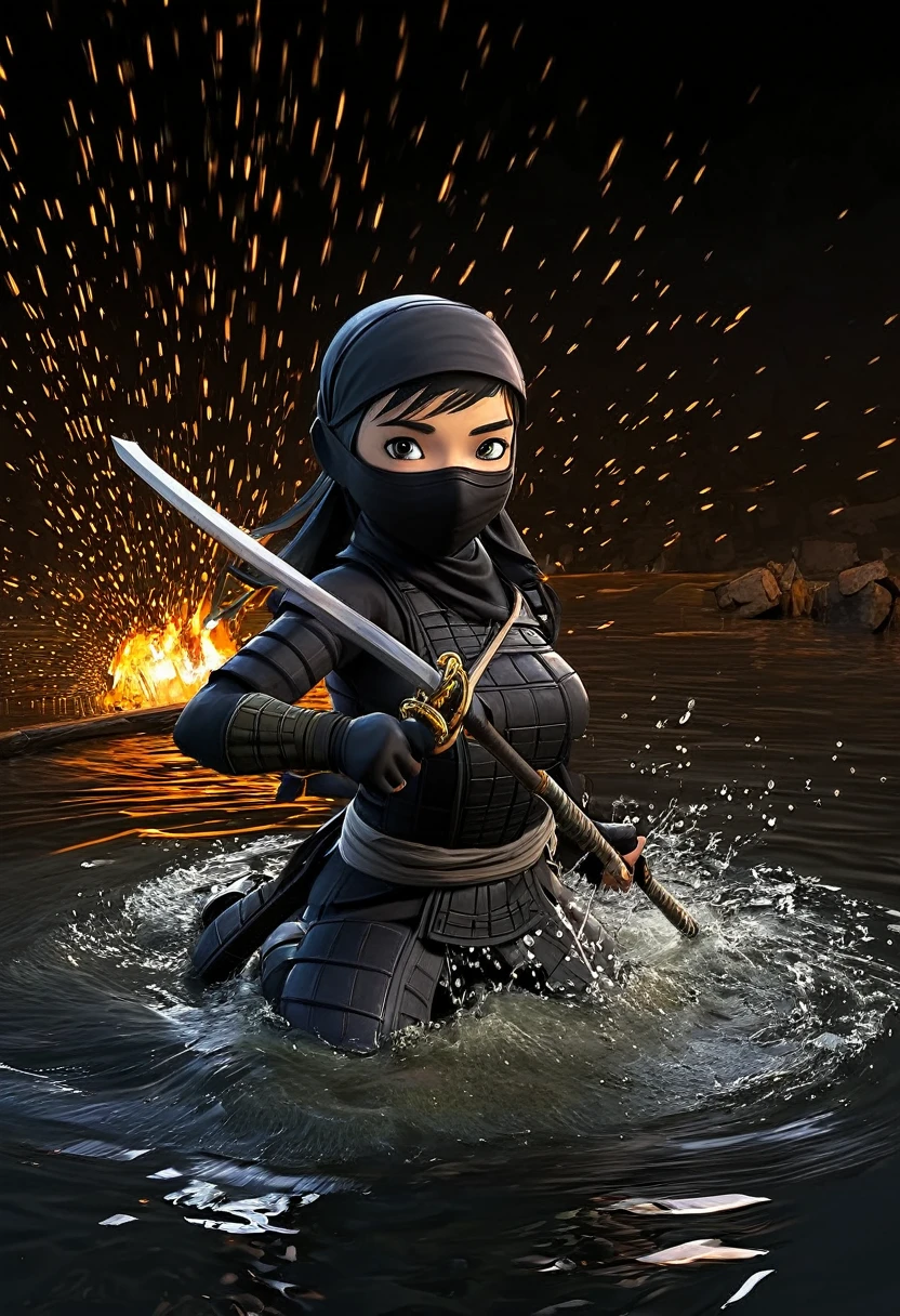 A lovely ninja, wide-eyed and a little singed, has just survived a violent explosion. She is floating on choppy water along with some debris, in the dark of the night, illuminated by a flickering fire. The scene captures the resilience and determination of the ninja as she emerges from the chaos and destruction. The artwork should showcase the intricate details of the ninja's expressive eyes, highlighting their beauty and intensity. The medium can be an illustration or a digitally rendered 3D artwork, emphasizing the depth and texture of the water and the floating debris. The image should be of the best quality, with ultra-detailed elements and a realistic, photorealistic rendering. The color palette should feature dark, intense tones, enhancing the atmosphere of the night and the flickering firelight. The lighting should be dramatic, with the fire casting dynamic shadows and illuminating the ninja's face and surroundings.