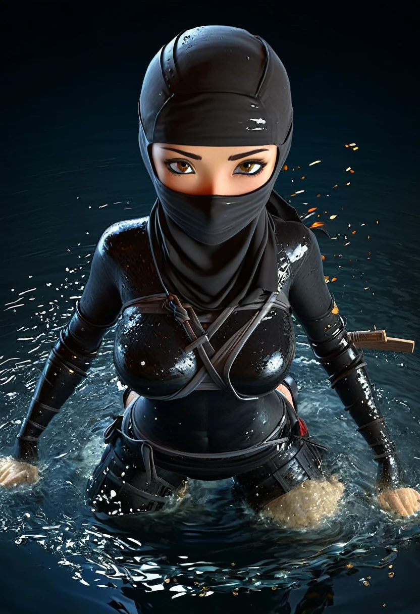 A lovely ninja, wide-eyed and a little singed, has just survived a violent explosion. She is floating on choppy water along with some debris, in the dark of the night, illuminated by a flickering fire. The scene captures the resilience and determination of the ninja as she emerges from the chaos and destruction. The artwork should showcase the intricate details of the ninja's expressive eyes, highlighting their beauty and intensity. The medium can be an illustration or a digitally rendered 3D artwork, emphasizing the depth and texture of the water and the floating debris. The image should be of the best quality, with ultra-detailed elements and a realistic, photorealistic rendering. The color palette should feature dark, intense tones, enhancing the atmosphere of the night and the flickering firelight. The lighting should be dramatic, with the fire casting dynamic shadows and illuminating the ninja's face and surroundings.