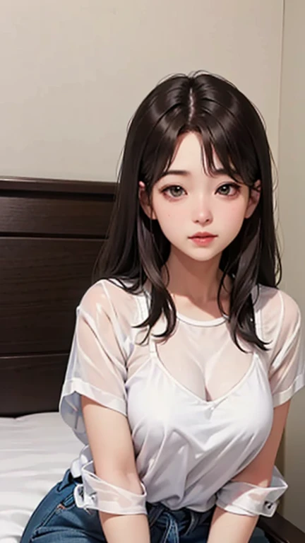 Blushing lightly and smiling, (Top quality masterpiece:1.2) Delicate illustrations, Very detailed, /Beautiful Japanese women in their 40s、1 person,Very cute and slim、Excellent style 、((8K images、super high quality))、Very delicate face, Skin and slightly damp hair、beautiful forehead、Red lipstick,(((((long hair、Gradient Hair、Brown Hair))))),Very cute Japanese cut face、Eyes and nose are clearly visible、Kind eyes,(White shirt、Slightly see-through underwear)、Hotel Rooms、Night view