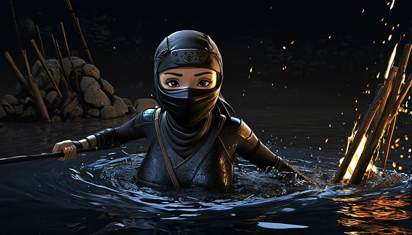 A lovely ninja, wide-eyed and a little singed, has just survived a violent explosion. She is floating on choppy water along with some debris, in the dark of the night, illuminated by a flickering fire. The scene captures the resilience and determination of the ninja as she emerges from the chaos and destruction. The artwork should showcase the intricate details of the ninja's expressive eyes, highlighting their beauty and intensity. The medium can be an illustration or a digitally rendered 3D artwork, emphasizing the depth and texture of the water and the floating debris. The image should be of the best quality, with ultra-detailed elements and a realistic, photorealistic rendering. The color palette should feature dark, intense tones, enhancing the atmosphere of the night and the flickering firelight. The lighting should be dramatic, with the fire casting dynamic shadows and illuminating the ninja's face and surroundings.