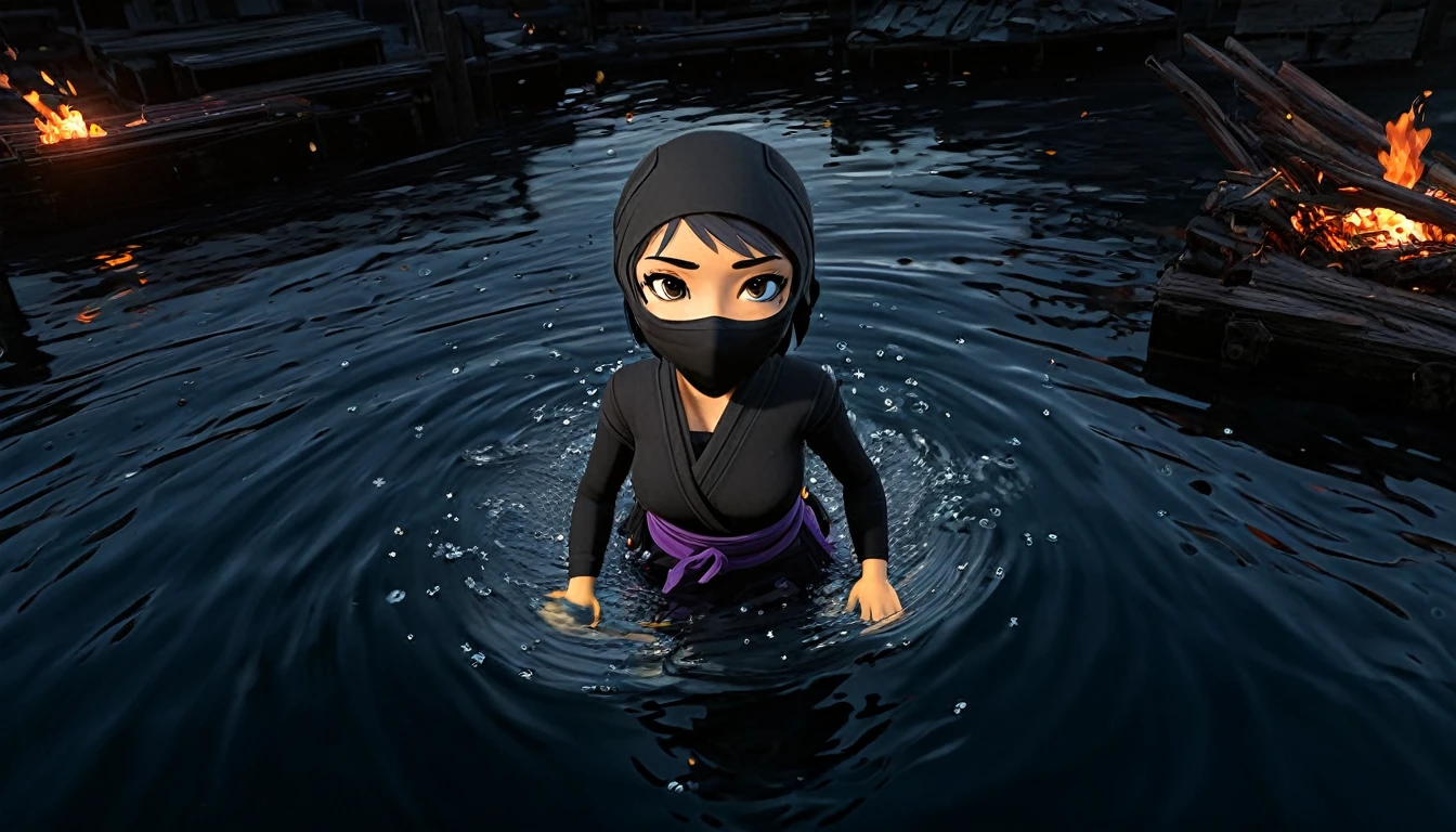 A lovely ninja, wide-eyed and a little singed, has just survived a violent explosion. She is floating on choppy water along with some debris, in the dark of the night, illuminated by a flickering fire. The scene captures the resilience and determination of the ninja as she emerges from the chaos and destruction. The artwork should showcase the intricate details of the ninja's expressive eyes, highlighting their beauty and intensity. The medium can be an illustration or a digitally rendered 3D artwork, emphasizing the depth and texture of the water and the floating debris. The image should be of the best quality, with ultra-detailed elements and a realistic, photorealistic rendering. The color palette should feature dark, intense tones, enhancing the atmosphere of the night and the flickering firelight. The lighting should be dramatic, with the fire casting dynamic shadows and illuminating the ninja's face and surroundings.