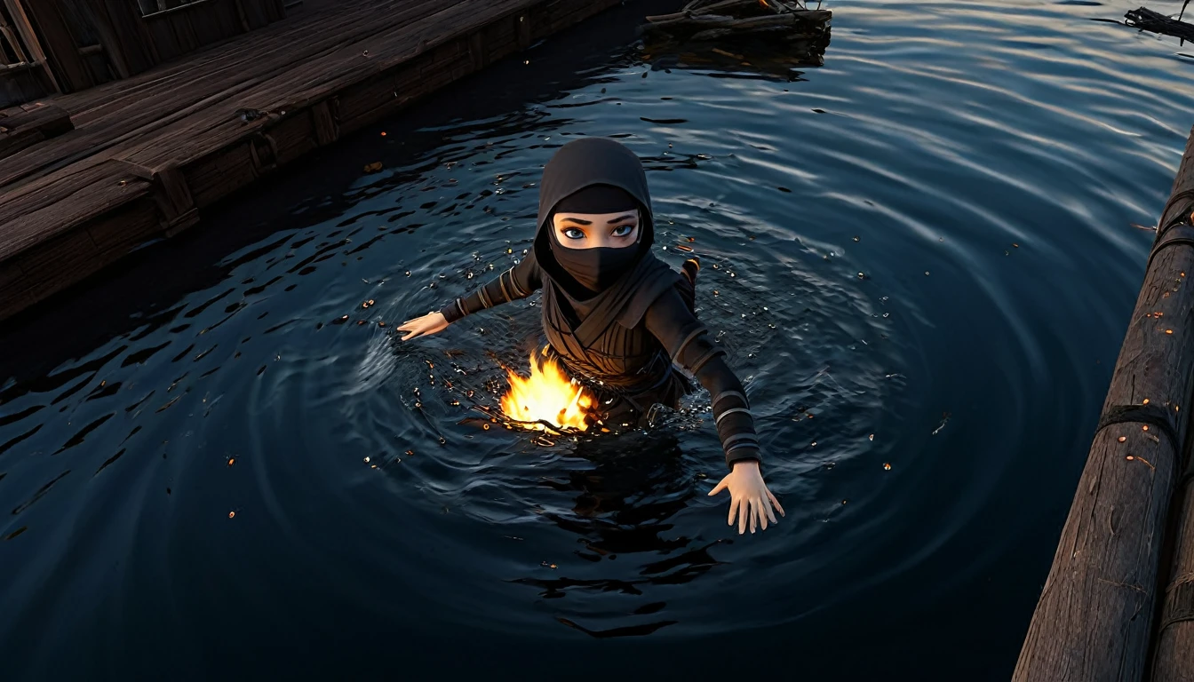 A lovely ninja, wide-eyed and a little singed, has just survived a violent explosion. She is floating on choppy water along with some debris, in the dark of the night, illuminated by a flickering fire. The scene captures the resilience and determination of the ninja as she emerges from the chaos and destruction. The artwork should showcase the intricate details of the ninja's expressive eyes, highlighting their beauty and intensity. The medium can be an illustration or a digitally rendered 3D artwork, emphasizing the depth and texture of the water and the floating debris. The image should be of the best quality, with ultra-detailed elements and a realistic, photorealistic rendering. The color palette should feature dark, intense tones, enhancing the atmosphere of the night and the flickering firelight. The lighting should be dramatic, with the fire casting dynamic shadows and illuminating the ninja's face and surroundings.