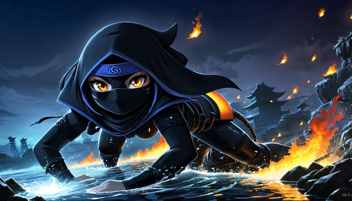 A lovely ninja, wide-eyed and a little singed, has just survived a violent explosion. She is floating on choppy water along with some debris, in the dark of the night, illuminated by a flickering fire. The scene captures the resilience and determination of the ninja as she emerges from the chaos and destruction. The artwork should showcase the intricate details of the ninja's expressive eyes, highlighting their beauty and intensity. The medium can be an illustration or a digitally rendered 3D artwork, emphasizing the depth and texture of the water and the floating debris. The image should be of the best quality, with ultra-detailed elements and a realistic, photorealistic rendering. The color palette should feature dark, intense tones, enhancing the atmosphere of the night and the flickering firelight. The lighting should be dramatic, with the fire casting dynamic shadows and illuminating the ninja's face and surroundings.