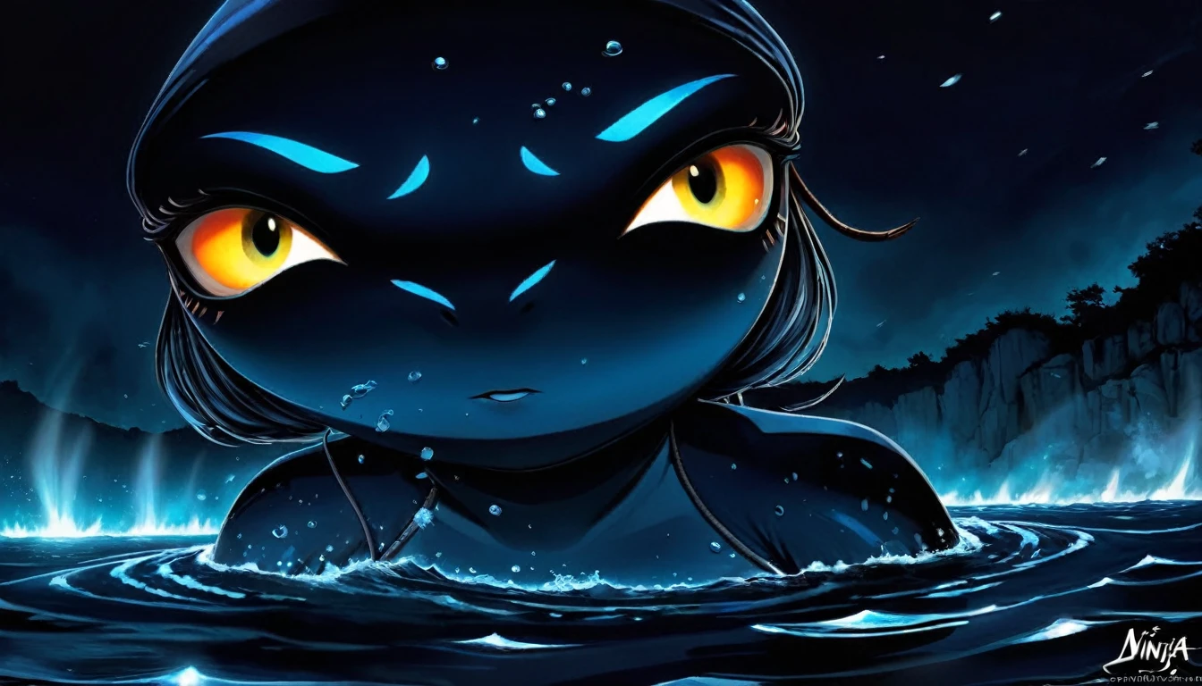 A lovely ninja, wide-eyed and a little singed, has just survived a violent explosion. She is floating on choppy water along with some debris, in the dark of the night, illuminated by a flickering fire. The scene captures the resilience and determination of the ninja as she emerges from the chaos and destruction. The artwork should showcase the intricate details of the ninja's expressive eyes, highlighting their beauty and intensity. The medium can be an illustration or a digitally rendered 3D artwork, emphasizing the depth and texture of the water and the floating debris. The image should be of the best quality, with ultra-detailed elements and a realistic, photorealistic rendering. The color palette should feature dark, intense tones, enhancing the atmosphere of the night and the flickering firelight. The lighting should be dramatic, with the fire casting dynamic shadows and illuminating the ninja's face and surroundings.