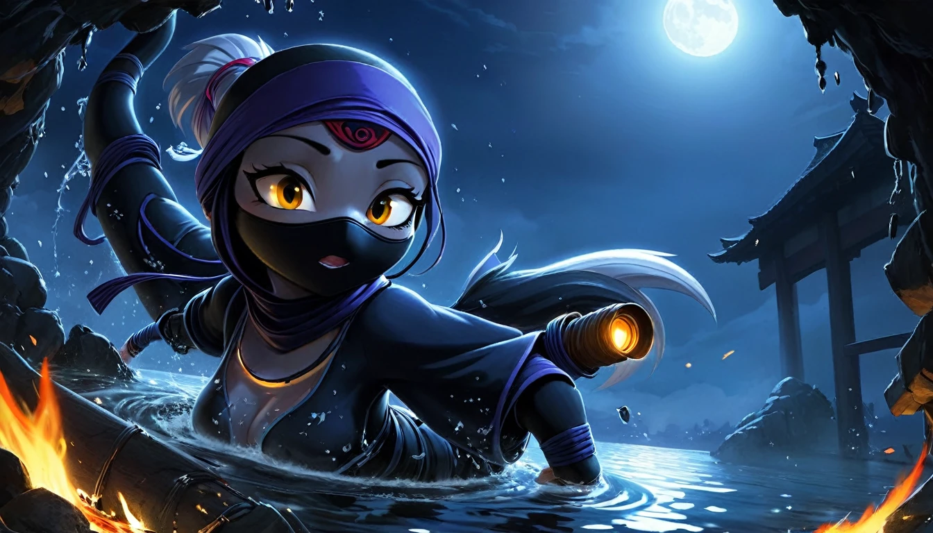 A lovely ninja, wide-eyed and a little singed, has just survived a violent explosion. She is floating on choppy water along with some debris, in the dark of the night, illuminated by a flickering fire. The scene captures the resilience and determination of the ninja as she emerges from the chaos and destruction. The artwork should showcase the intricate details of the ninja's expressive eyes, highlighting their beauty and intensity. The medium can be an illustration or a digitally rendered 3D artwork, emphasizing the depth and texture of the water and the floating debris. The image should be of the best quality, with ultra-detailed elements and a realistic, photorealistic rendering. The color palette should feature dark, intense tones, enhancing the atmosphere of the night and the flickering firelight. The lighting should be dramatic, with the fire casting dynamic shadows and illuminating the ninja's face and surroundings.