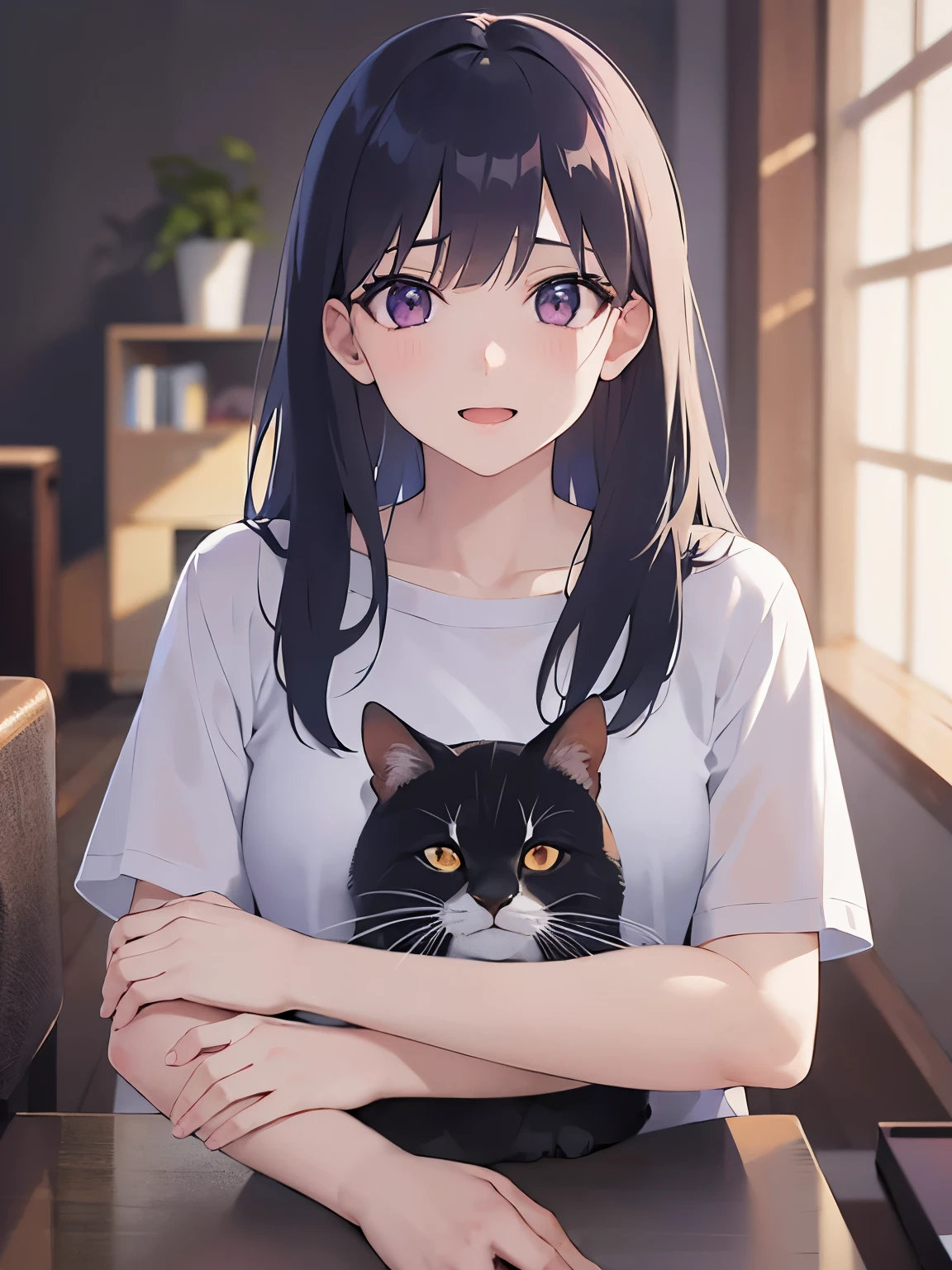 (sad:1.2), smile, Upper Body, Realistic, real person, (pale skin: 1.2), shiny skin, shiny hair、(A 25-year-old woman with straight hair and bangs) and (medium hair) and (black hair) and (purple eyes) , (white) and (T-shirt) 、Are standing、open mouth, The background is the living room、Alone、