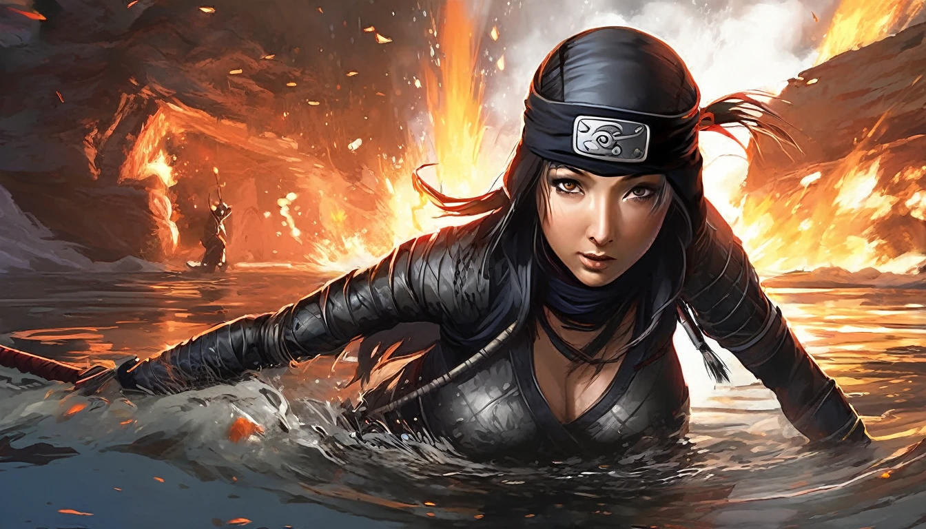 A lovely ninja, wide-eyed and a little singed, has just survived a violent explosion. She is floating on choppy water along with some debris, in the dark of the night, illuminated by a flickering fire. The scene captures the resilience and determination of the ninja as she emerges from the chaos and destruction. The artwork should showcase the intricate details of the ninja's expressive eyes, highlighting their beauty and intensity. The medium can be an illustration or a digitally rendered 3D artwork, emphasizing the depth and texture of the water and the floating debris. The image should be of the best quality, with ultra-detailed elements and a realistic, photorealistic rendering. The color palette should feature dark, intense tones, enhancing the atmosphere of the night and the flickering firelight. The lighting should be dramatic, with the fire casting dynamic shadows and illuminating the ninja's face and surroundings.