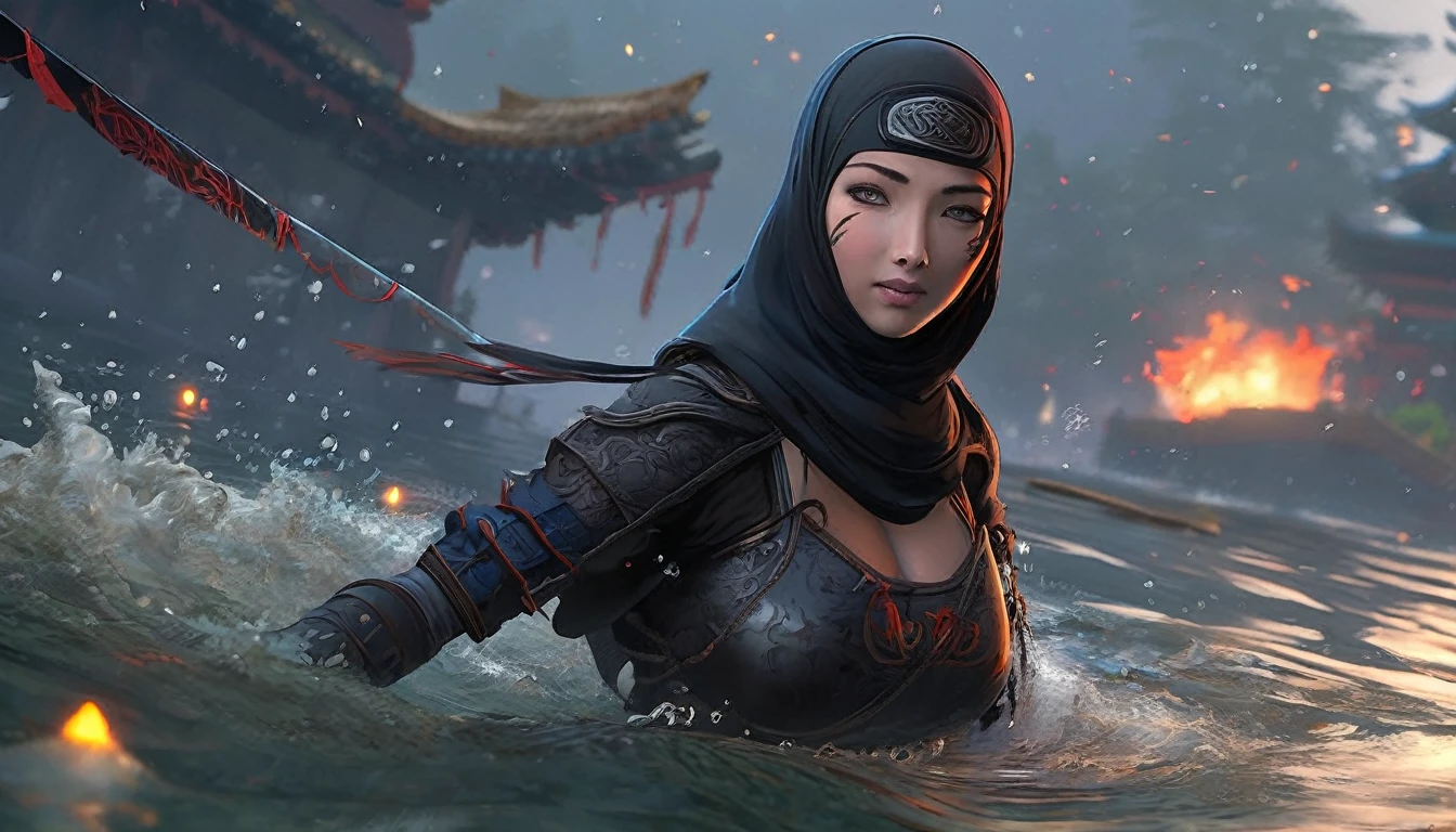A lovely ninja, wide-eyed and a little singed, has just survived a violent explosion. She is floating on choppy water along with some debris, in the dark of the night, illuminated by a flickering fire. The scene captures the resilience and determination of the ninja as she emerges from the chaos and destruction. The artwork should showcase the intricate details of the ninja's expressive eyes, highlighting their beauty and intensity. The medium can be an illustration or a digitally rendered 3D artwork, emphasizing the depth and texture of the water and the floating debris. The image should be of the best quality, with ultra-detailed elements and a realistic, photorealistic rendering. The color palette should feature dark, intense tones, enhancing the atmosphere of the night and the flickering firelight. The lighting should be dramatic, with the fire casting dynamic shadows and illuminating the ninja's face and surroundings.