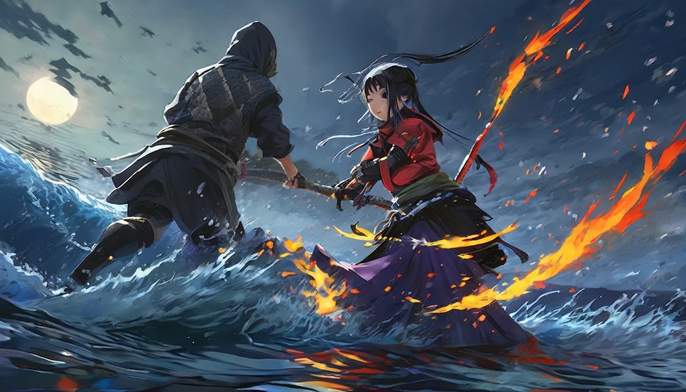 A lovely ninja, wide-eyed and a little singed, has just survived a violent explosion. She is floating on choppy water along with some debris, in the dark of the night, illuminated by a flickering fire. The scene captures the resilience and determination of the ninja as she emerges from the chaos and destruction. The artwork should showcase the intricate details of the ninja's expressive eyes, highlighting their beauty and intensity. The medium can be an illustration or a digitally rendered 3D artwork, emphasizing the depth and texture of the water and the floating debris. The image should be of the best quality, with ultra-detailed elements and a realistic, photorealistic rendering. The color palette should feature dark, intense tones, enhancing the atmosphere of the night and the flickering firelight. The lighting should be dramatic, with the fire casting dynamic shadows and illuminating the ninja's face and surroundings.