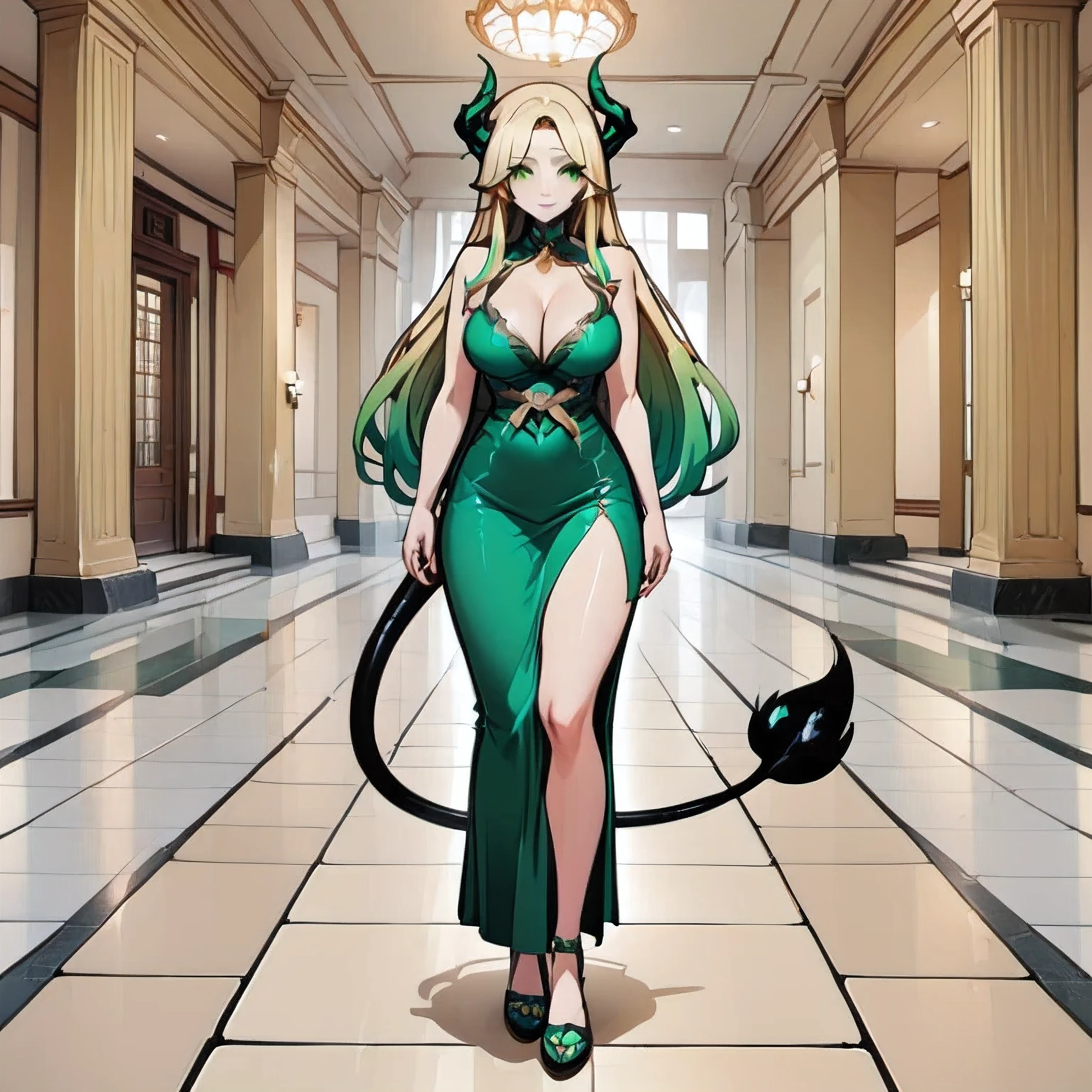 ((best quality)), ((masterpiece)), ((high resolution)), (high quality face), ((upscale face)), ((full body)), (high quality body), ((Anime style beautiful girl)), ((18 years old)), ((horns)), ((black tail)), ((very large breasts)), ((cleavage)), green short skirt, blonde colored hair, long hair, (high quality eyes), green eyes, upscale eyes, green colored lips