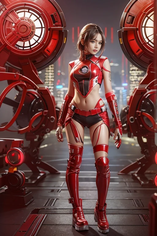 optical reality,hips up,Young woman in futuristic cybernetic costume,red and gold pattern,sexy pose,Emphasis on sharp focus,Fog amount,Digital SLR camera,Simple city blur background,A large gear was abandoned.....