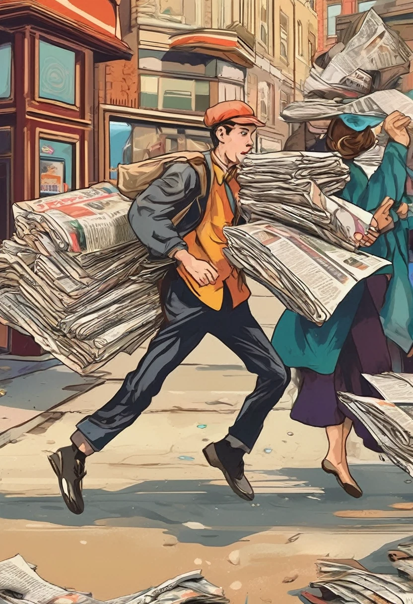 (best quality, 4k, high resolution, masterpiece: 1.2), ultra-detailed, ((newsboy running after flying newspapers, trying to catch them:1.7)), vibrant colors, film noir, energetic movement, expressive faces, newspapers flying everywhere, leftover newspapers on the ground, chaotic and dynamic scene, ((50s retro fashion:1.6)), an old newsstand on the side, people on the street watching, lively city atmosphere, fast-paced action, beautifully lit streetlights