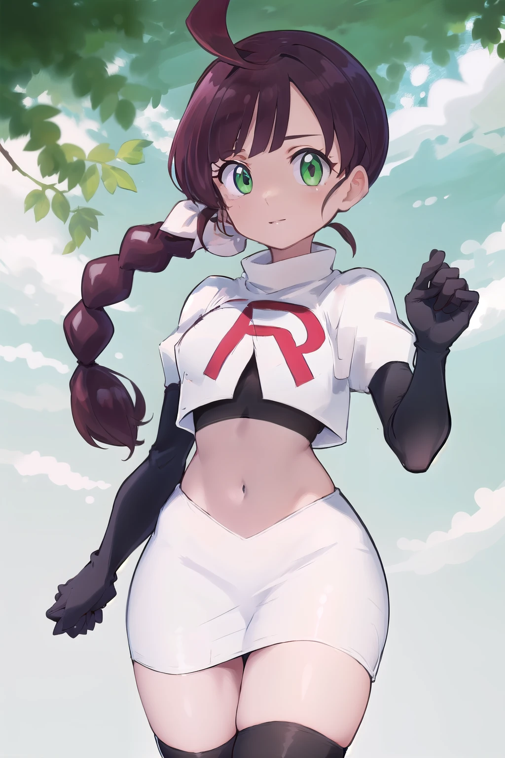 masterpiece, best quality, highres,green eyes,chl1, 1girl, braided_ponytail, (ahoge:1.1), eyelashes, team rocket,team rocket uniform,white skirt,red letter R,crop top,black thigh-highs,black elbow gloves