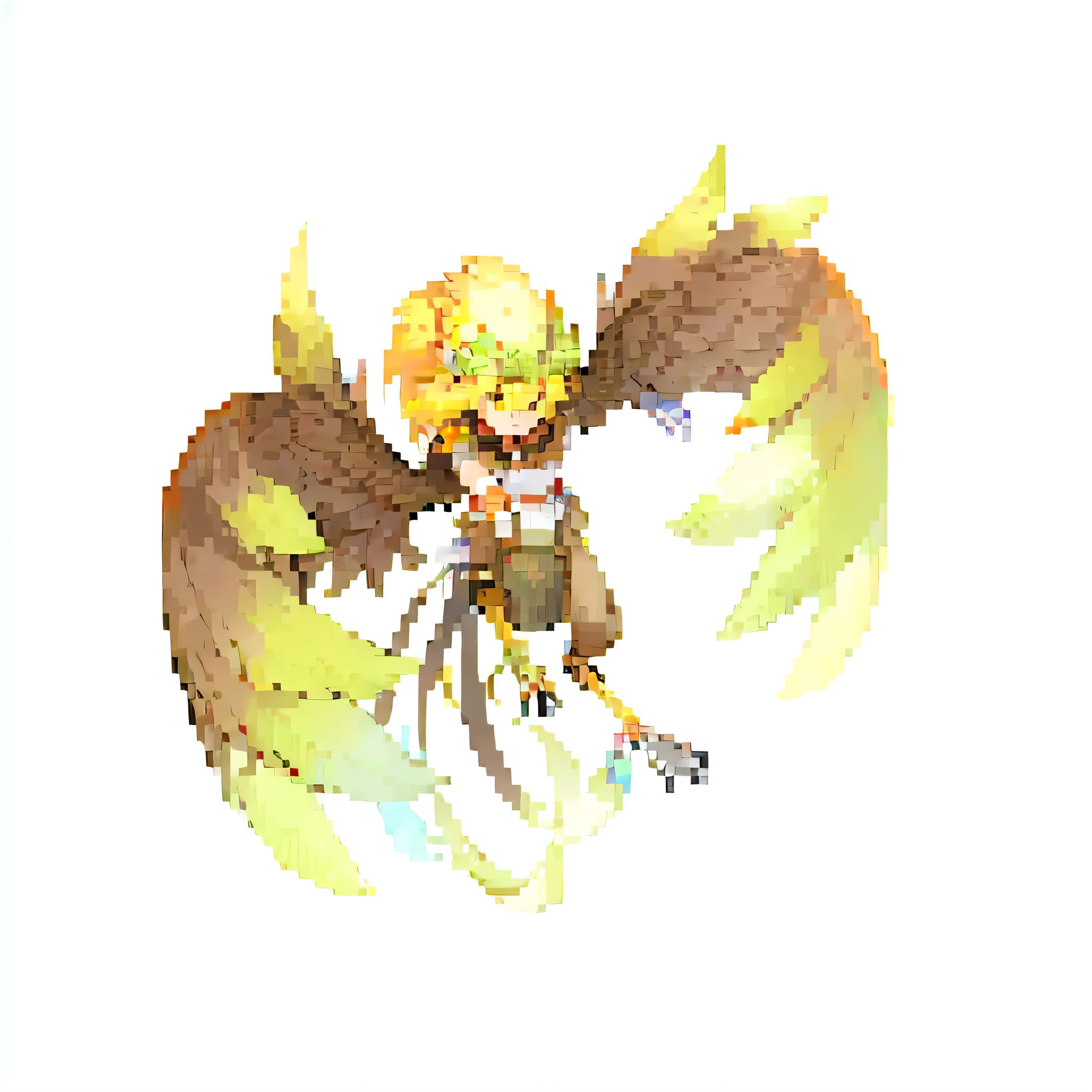 anime, a girl with a yellow feathers bird,  feathery wings, with large wingss, pixel_art