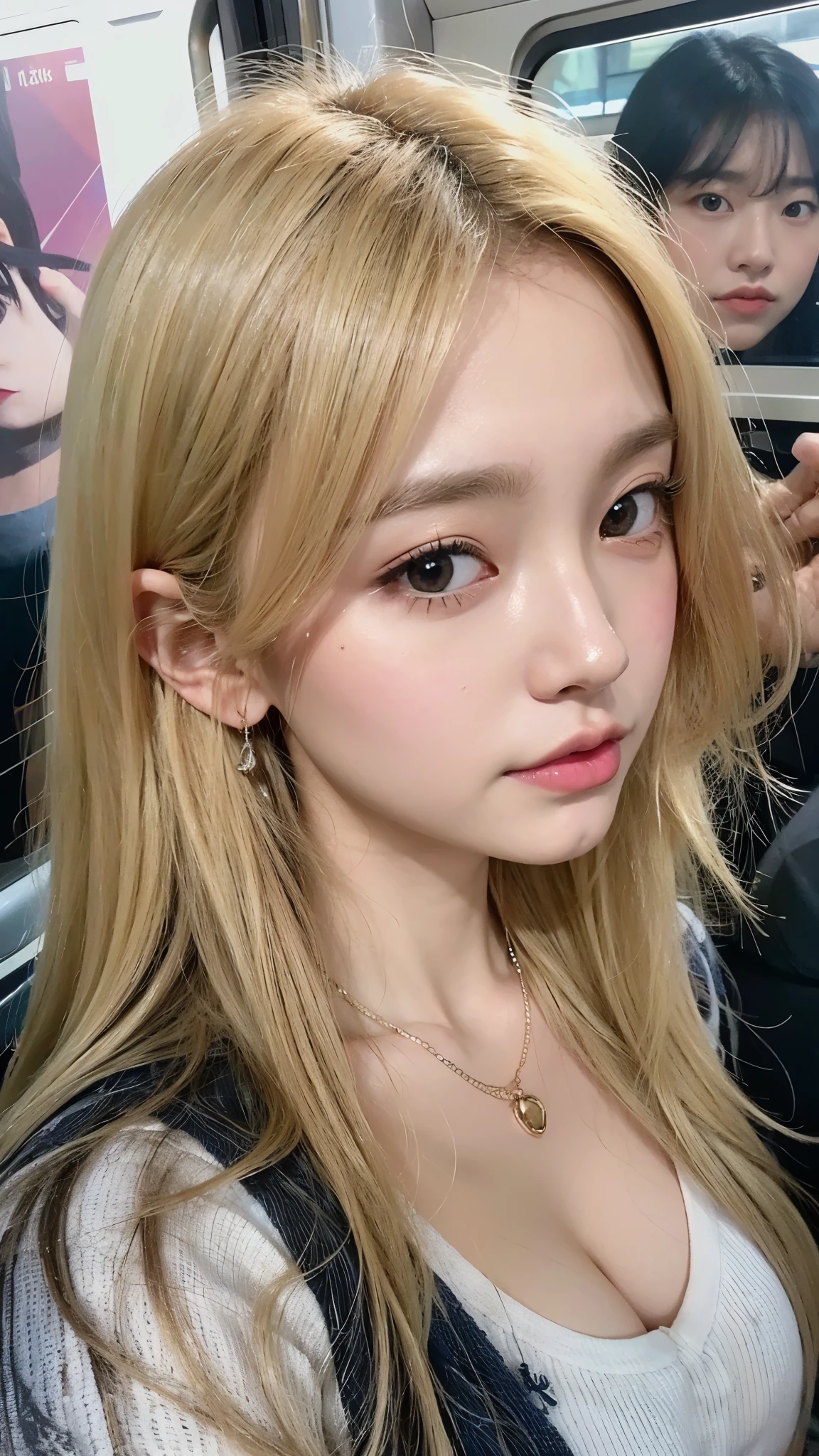 (highest quality、8k、32k、masterpiece、Hmph:1.2)、Cute Japanese Women Photos、Soft looking breasts、No bra、Ample breasts、Shortcuts、Face Focus、White T-shirt、necklace、From above、Looking at the audience、Disappointed and sad face、Dynamic Shadows、blonde、Wet shiny hair、Shine, Watery eyes、((In a crowded train)),