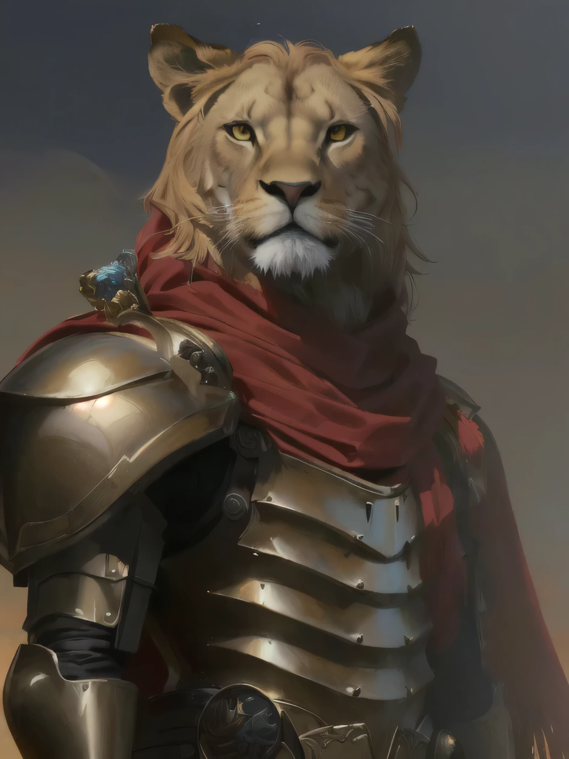 a close up of a lion wearing a armor suit and a red scarf, the golden cat armor knight, by Brian Despain, by Cynthia Sheppard, lion warrior, armored cat, wearing golden lion armor, armored feline lion companion, lion warrior, in armor, in a regal armor, graphic artist magali villeneuve, by ken kelly, magali villeneuve'